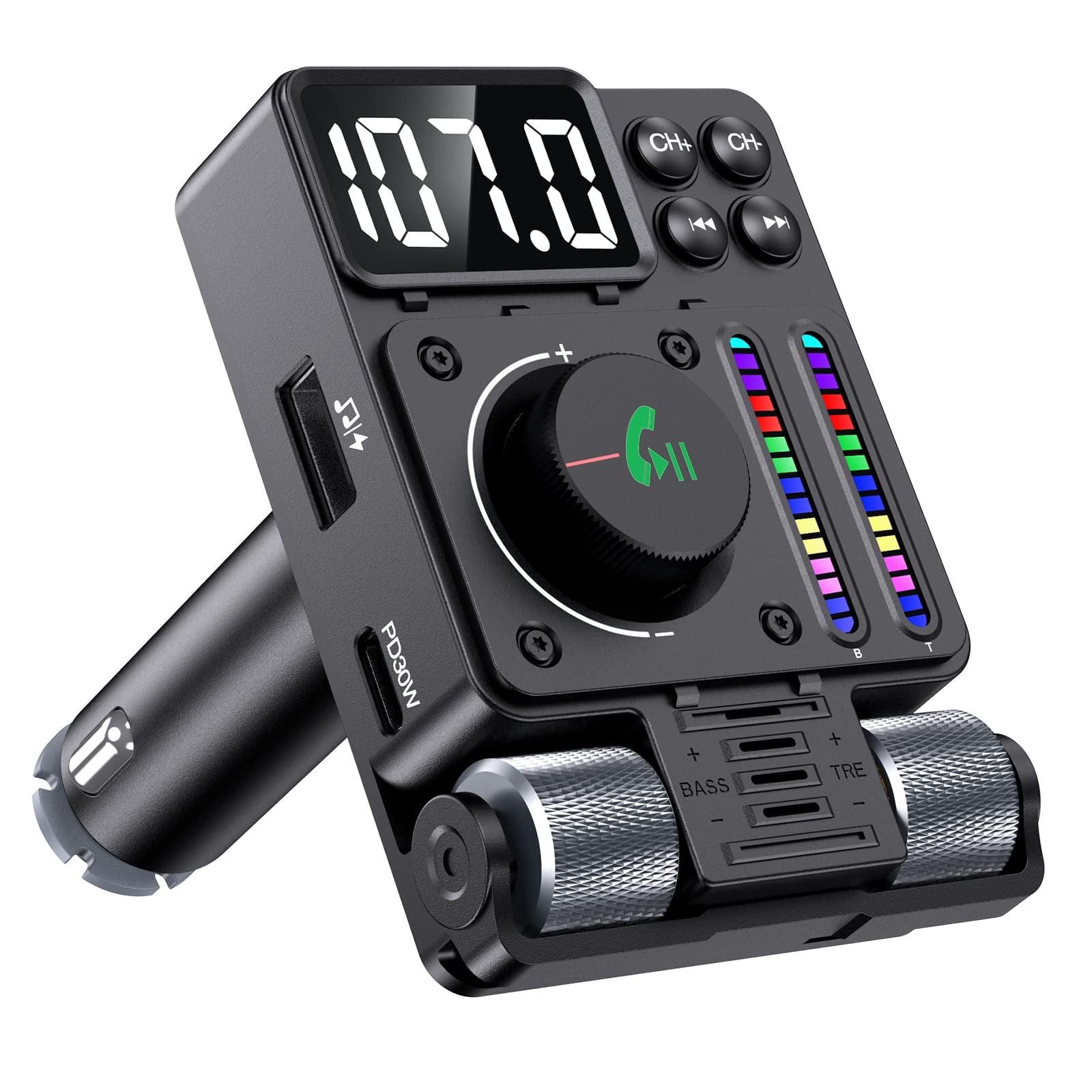 Bluetooth 5.3 FM Transmitter for Car, 30W PD & QC3.0 Fast Car Charger, Wireless Radio Bluetooth Car Adapter, Supports Hands-Free Call, Larger LED Display, Adjustable Treble and Bass Sound Music Player