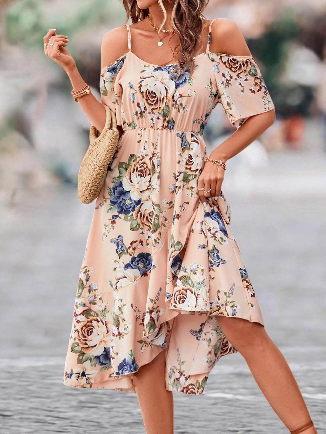 SweatyRocks Women's Floral Print Short Sleeve Cold Shoulder Dress Asymmetrical High Low Ruffle Midi Dresses - Image 5