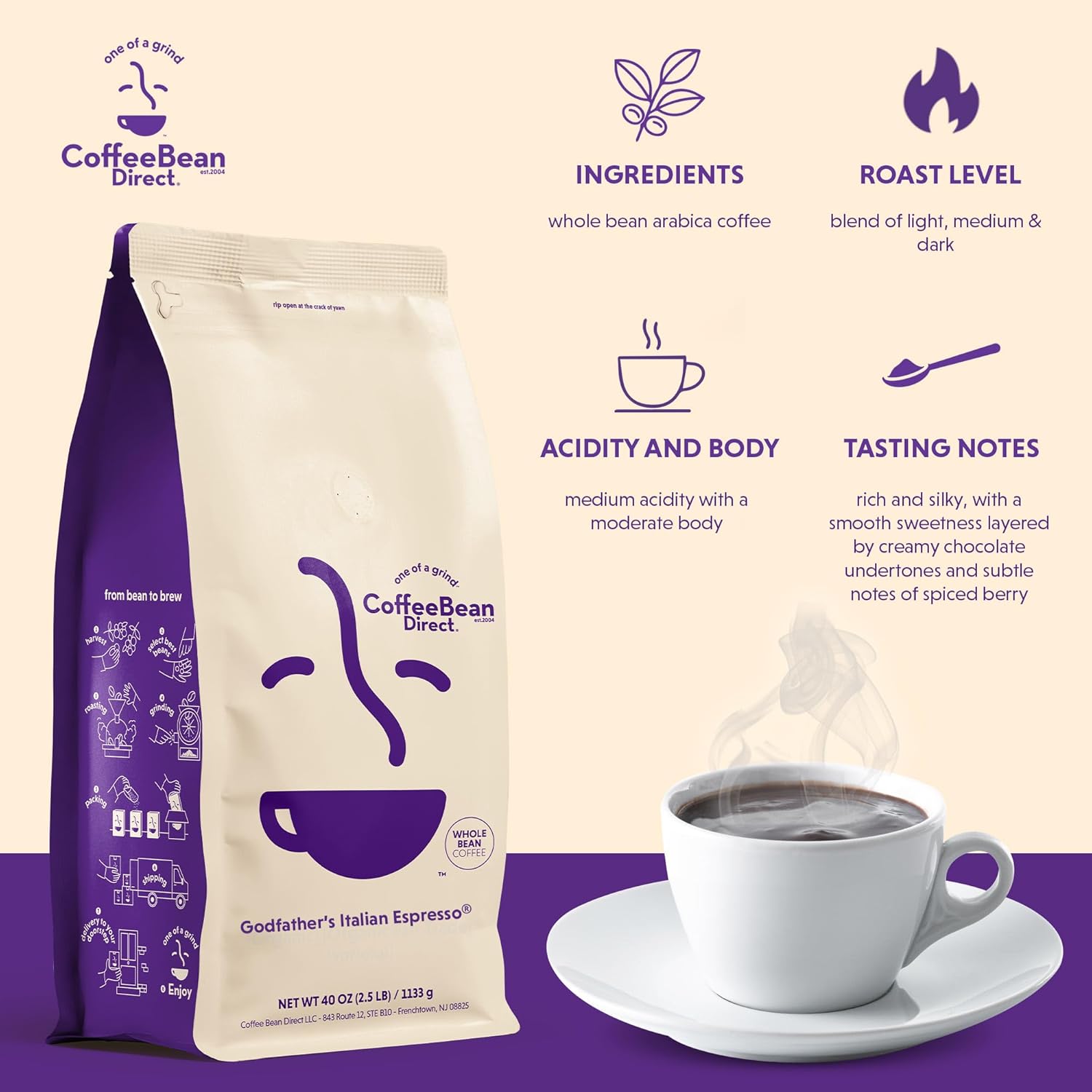 Coffee Bean Direct Godfather’s Italian Espresso®, Whole Bean Coffee, Handcrafted Blend, Dark Roast, 2.5 Pound Bag (Pack of 1)