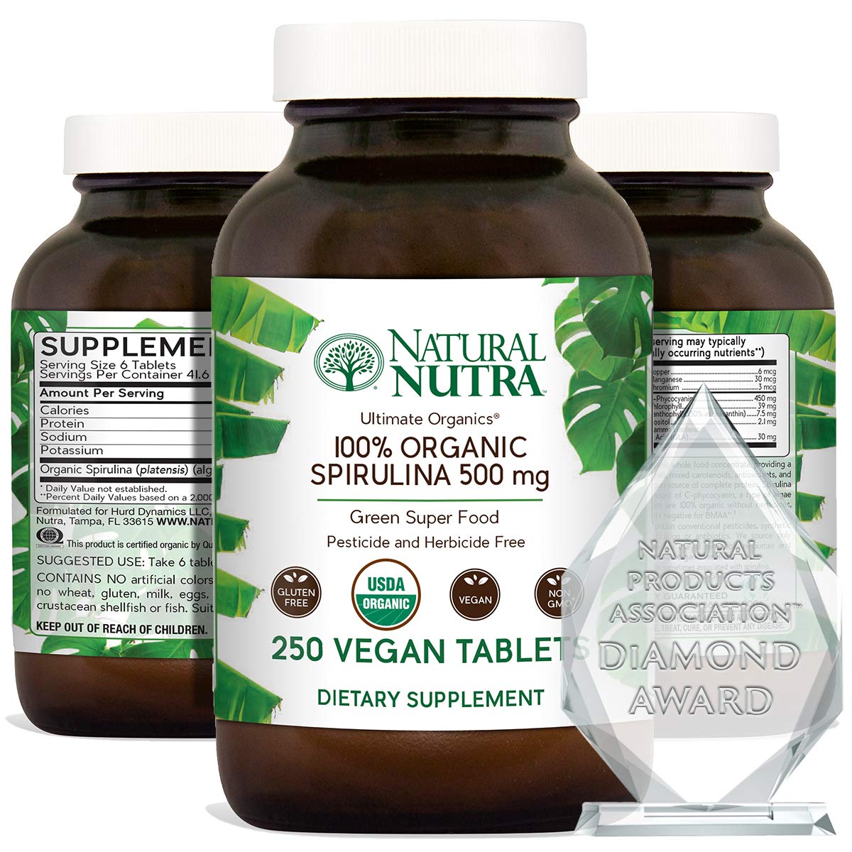 Natural Nutra 100% USDA Organic Spirulina Tablets, Blue Green Algae Protein Pills with Rich Minerals, Vitamins, Chlorophyll, Amino Acids, Carotenoids, Antioxidants and EFAs, 3000 mg, 250 Vegan Tablets