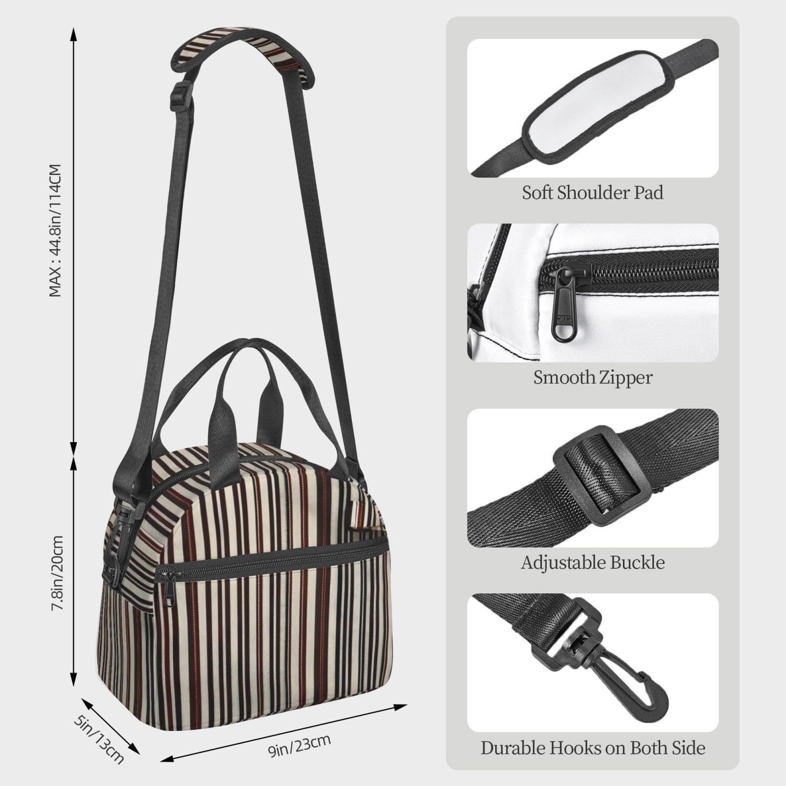 Sac à déjeuner isotherme réutilisable à rayures marron pour adultes - Pour le travail, les voyages - Pour homme et femme