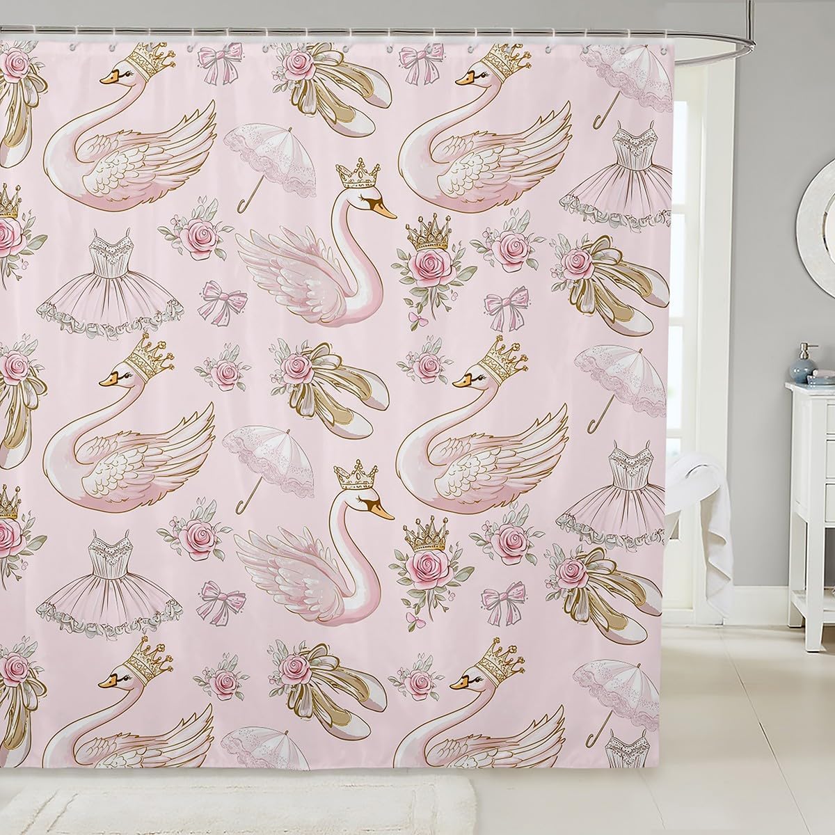 Manfei White Swan Bathroom Curtains for Kids Swan Lake Ballet Dance Theme Pink Shower Curtains,Princess Crown Bowknot Romantic Roses Flowers Bath Curtains with 12 Hooks,Waterproof,72" W x 78" L