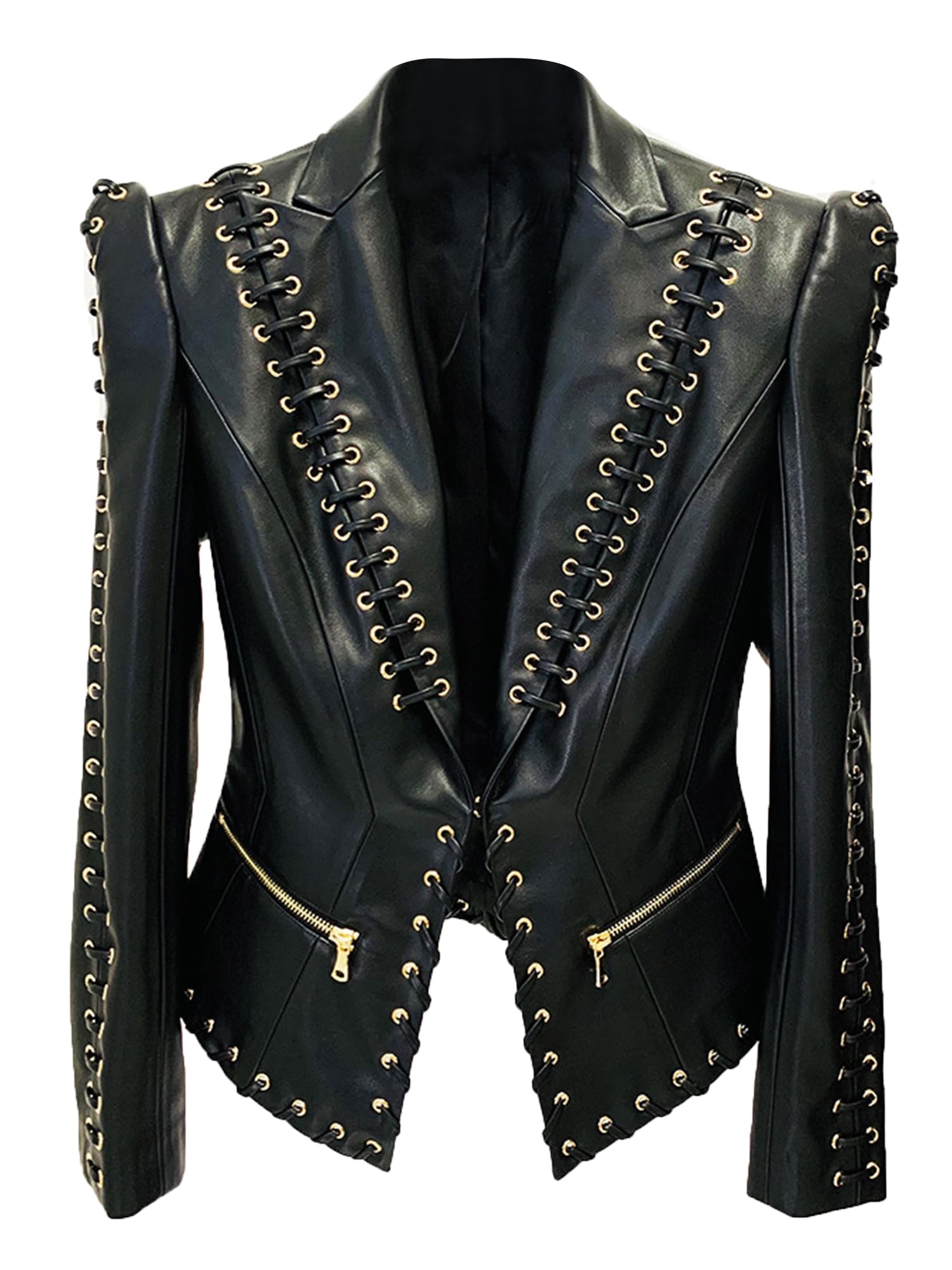 Womens Fashion 2025 Designer Jacket Rope Lacing Up Slim Fitting Leather Blazer Coat