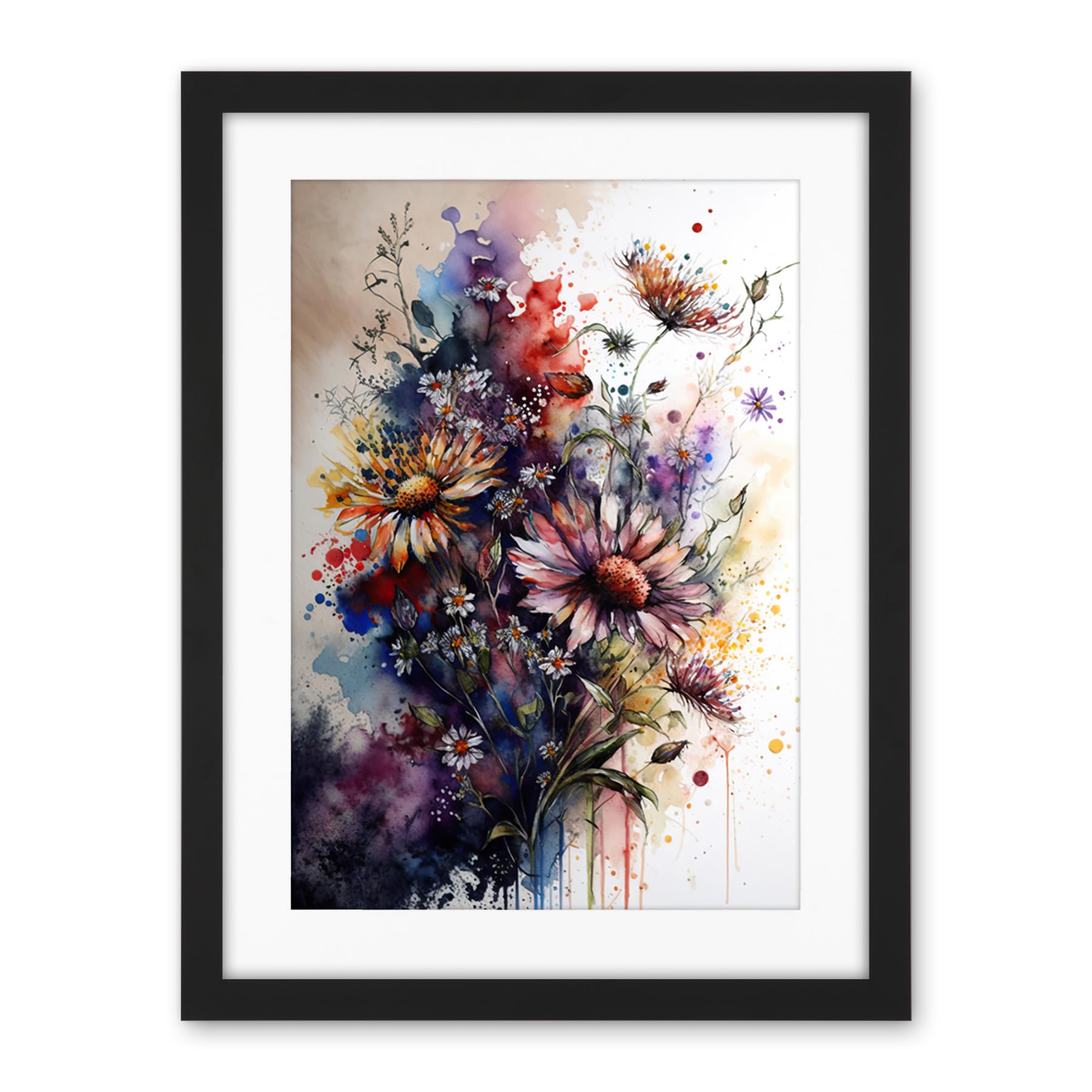 Artery8 Flower Bouquet over Watercolour Splat Illustration Artwork Framed Wall Art Print 18X24 Inch