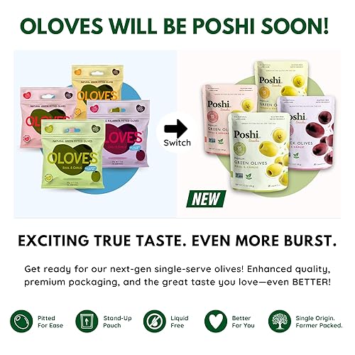 Vista 4 de Poshi Olives + Veggies Variedad de aceitunas enteras sin hueso de 4 sabores Poshi 4 sabores Vegano, Kosher, sin gluten + Snacks saludables