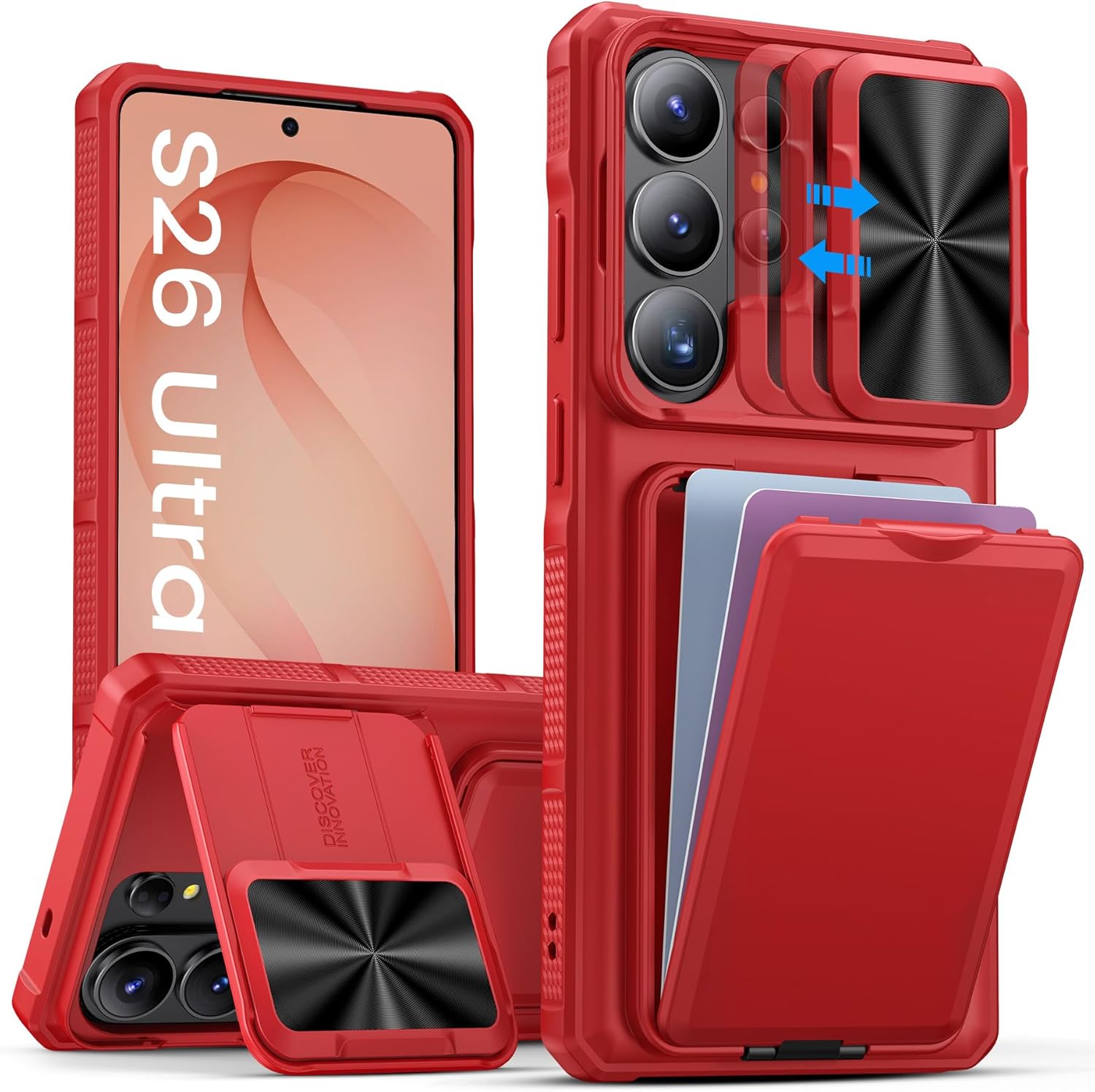 SSLOTSCASE for Samsung Galaxy S26 Ultra Case with Credit Card Holder & Stand & Slide Lens Cover & Kickstand, Multi-Functional Wallet Sturdy Protective Phone Case Cover for S26 Ultra 6.9" 2026, Red