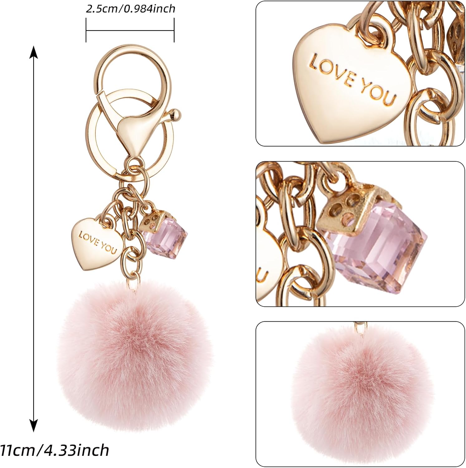 Fashion Keychain for Women, Cute Heart Bling Key Chain Accessories Pom Pom for Backpack