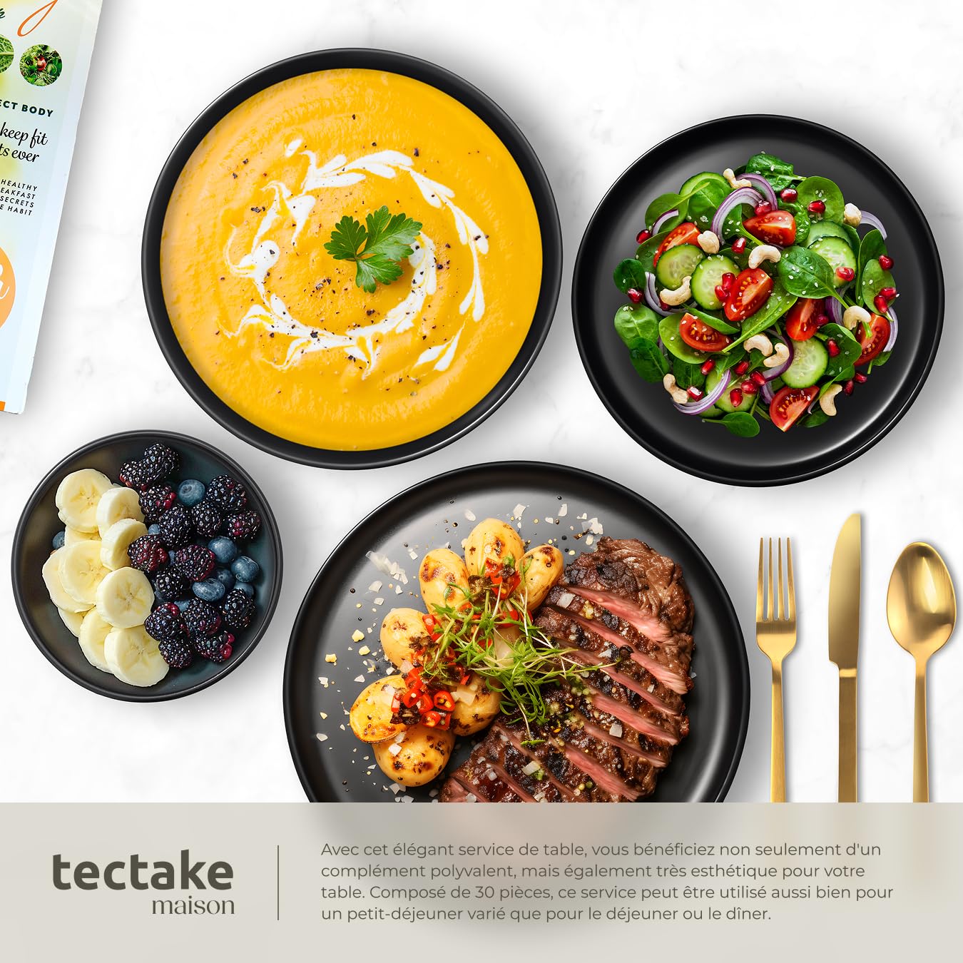 tectake® Service de table 6 personnes Service vaisselle et arts de la table 24p. avec 6x Assiettes creuses 6x assiettes plates 6x assiette à dessert 6x bols petit déjeuner Coupelle soupe Lot assiette