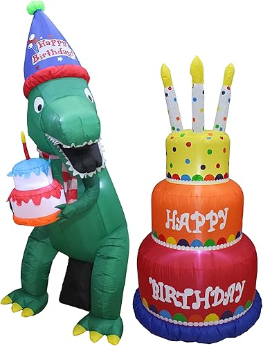 Miniatura 1 de Paquete de dos decoraciones para fiesta de cumpleaños, incluye dinosaurio verde inflable de feliz cumpleaños de 7 pies de alto con pastel y vela, y