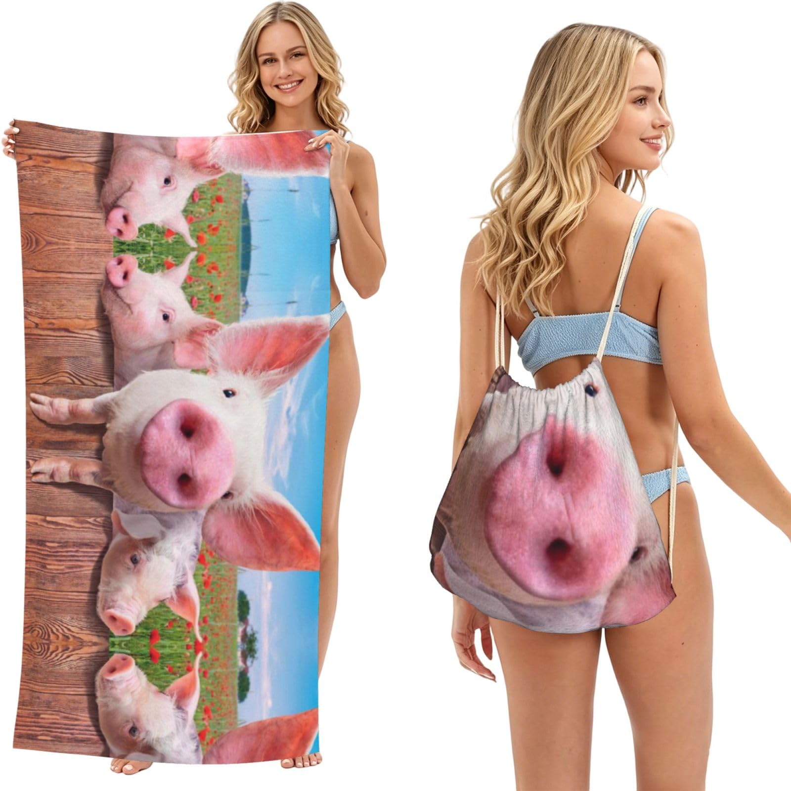 WSHFFILO Funny Cute Pig printed 2 in 1 Packable Towel Bag Bath Towel Beach Towel