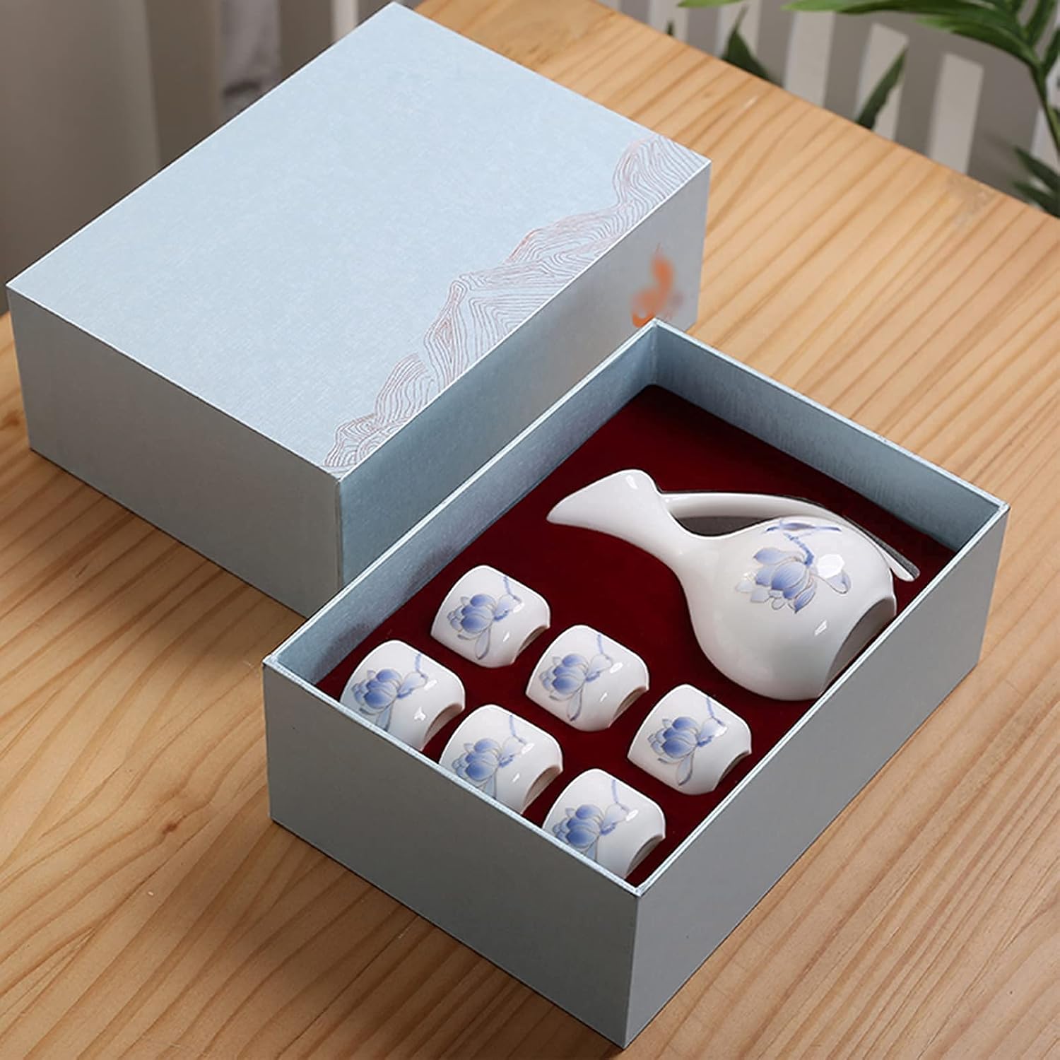 日本酒セット 7点 ギフトボックス付き 酒器セット 伝統的な磁器 陶器 陶器カップ 工芸品 ワイングラス カップ6個、酒器1個、白、