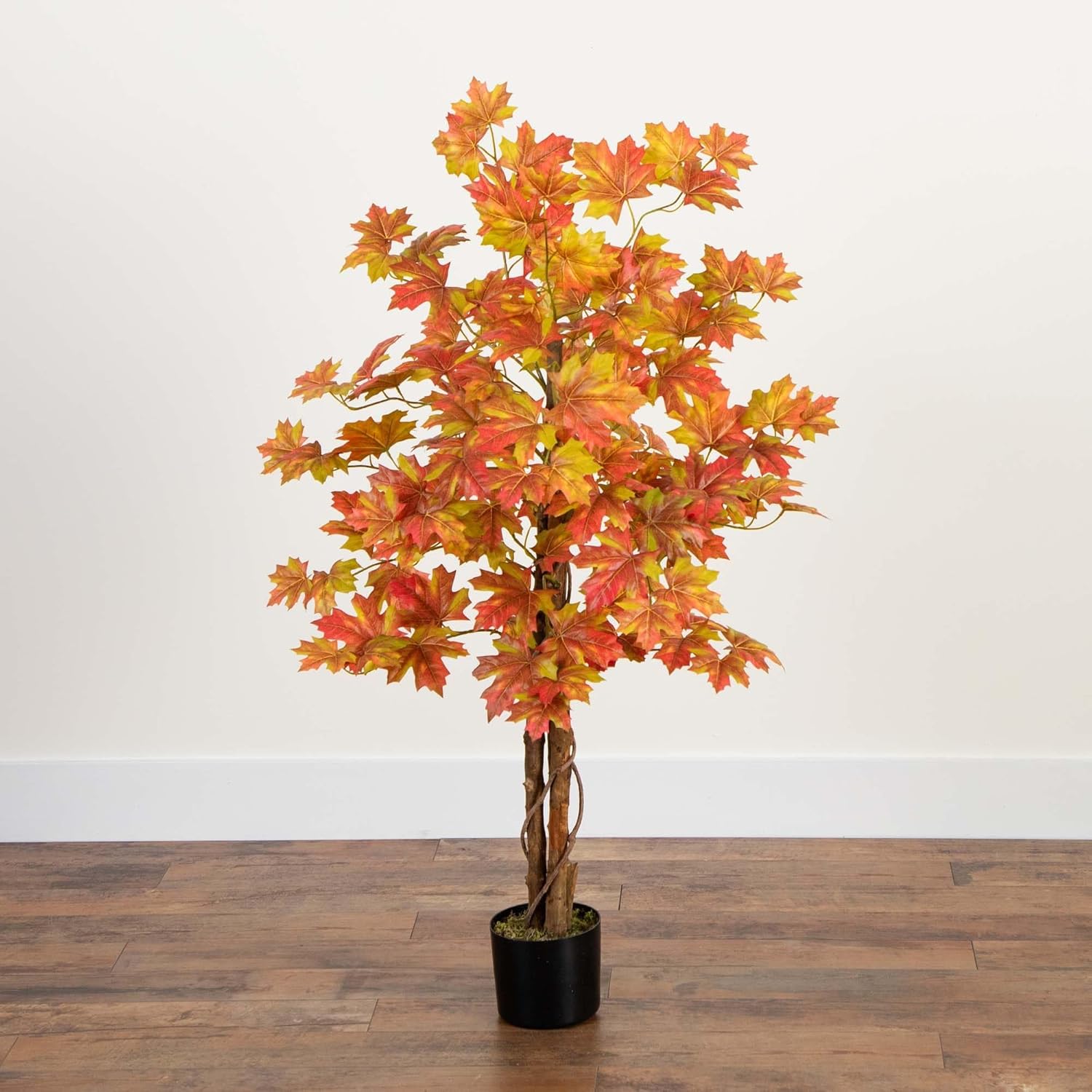Nearly Natural 4-FT Deluxe Autumn Artificial Maple Tree, Faux Fall Décor for Home, Decorations for Fall, Autumn, Thanksgiving, and Halloween with Black Nursery Pot