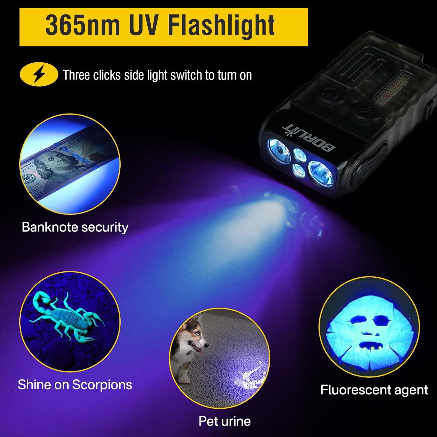 Boruit V20 Small Powerful Flashlight Super Bright with 365nm UV, Red Blue Green Warm Light, 180° Swivels, 110dB Buzzer, Mini Keychain Pocket Rechargeable LED Flashlights Usb EDC Clip Flash Light Black