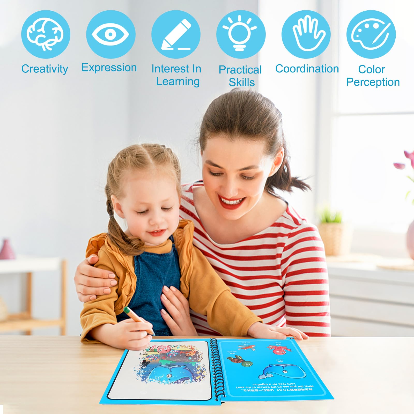 WHC Confezione da 6 Penne ad Acqua, Libro da Disegno Magic con Penna | libro da colorare riutilizzabile ad acqua per ragazzi e ragazze giocattolo educativo da disegno a tema oceano e animali