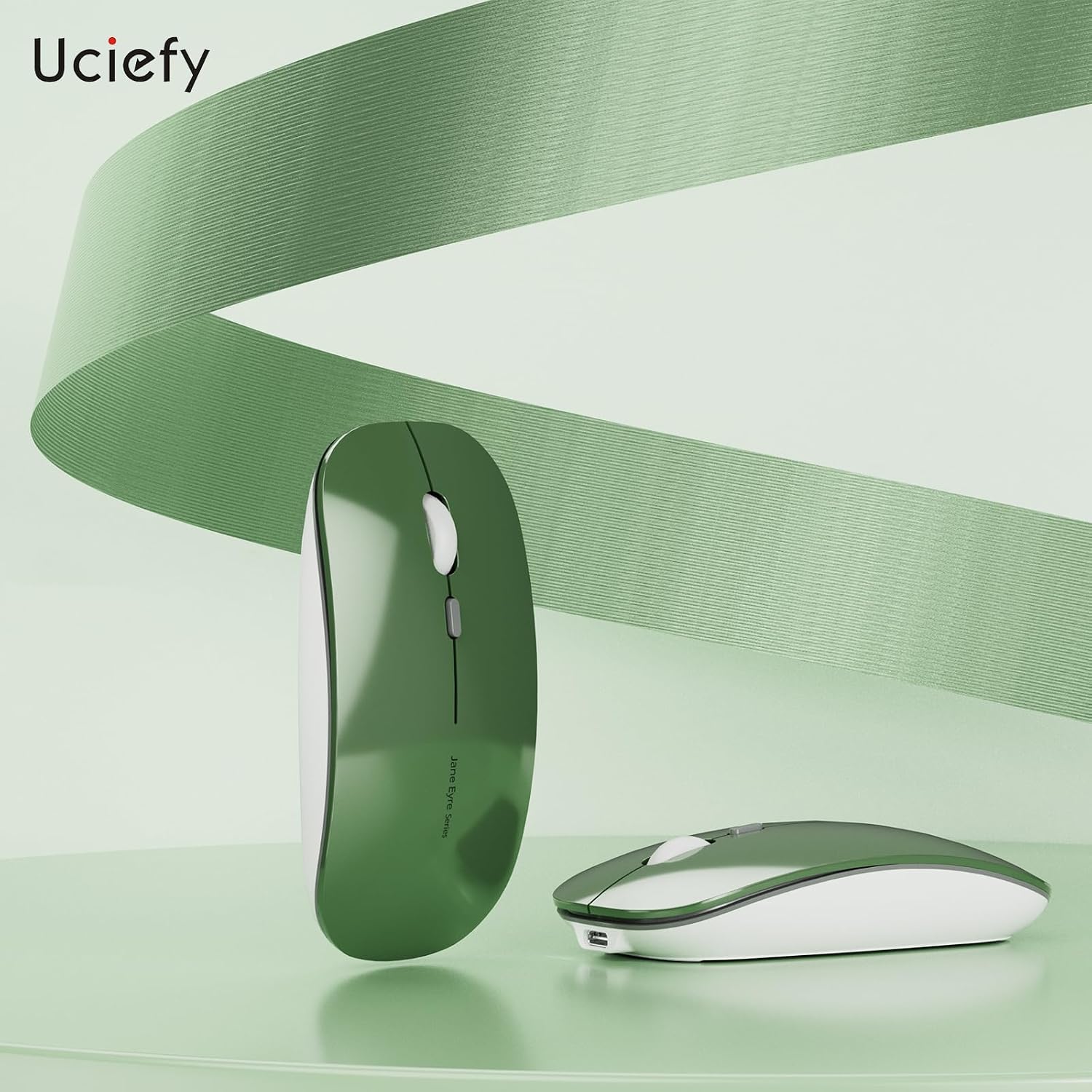 Uciefy Q5 Slim Rechargeable Wireless Mouse, 2.4G Portable Optical Silent Ultra Thin Wireless Computer Mouse with USB Receiver and Type C Adapter, Compatible with PC, Laptop, Desktop (Blackish Green)
