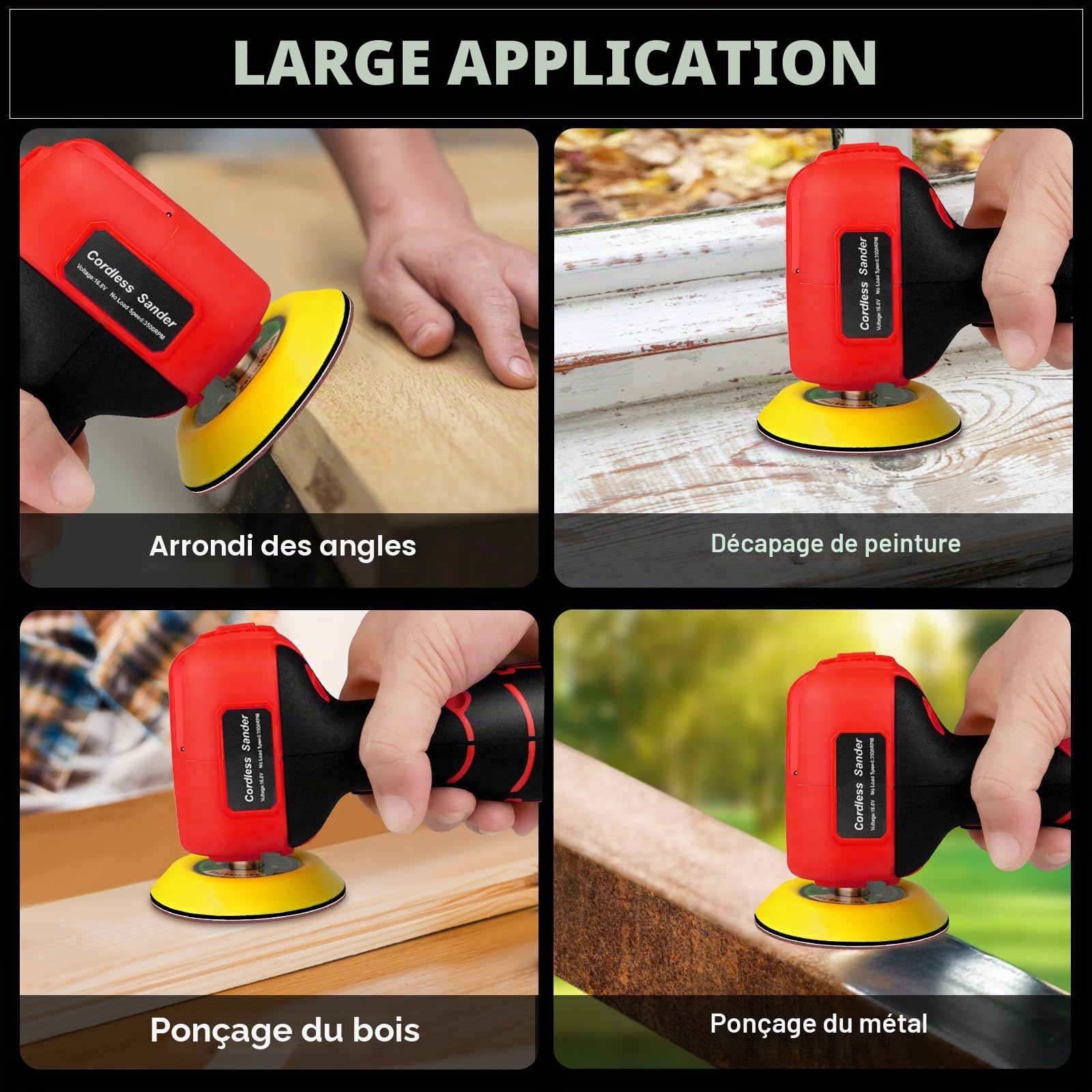 Ponceuse électrique sans fil 16,8 V avec 36 papiers abrasifs, 3500 tr/min, 2 batteries de 3,0 Ah, design léger et compact pour bois, métal, décapage de peinture et projets de bricolage