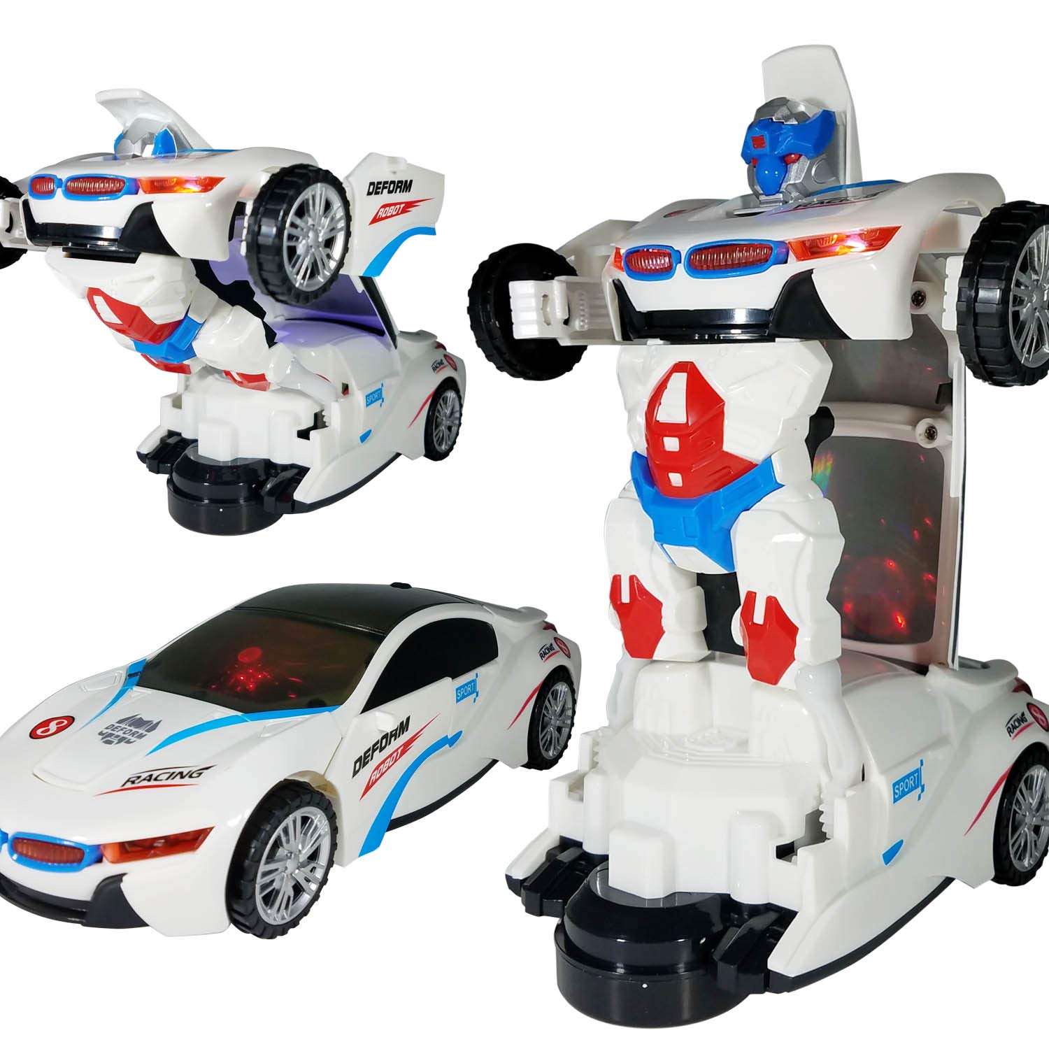 Toys - Battery Operated Bump and Go Transforming Toys for Kids -Auto Transforming Auto Robots Action Figure and Toy Vehicles - Realistic Engine Sounds & Beautiful Flash Lights (White)