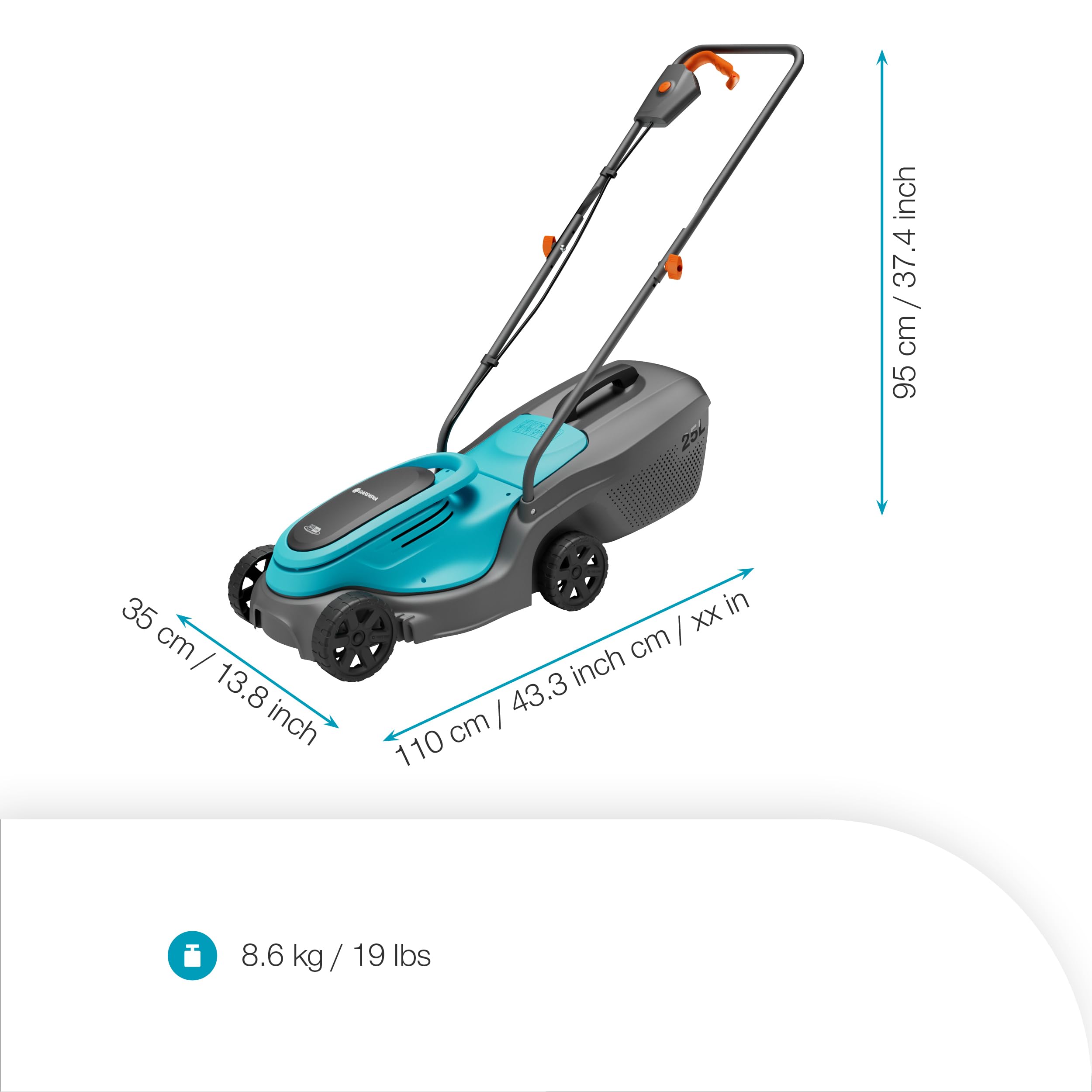 Gardena Cortacésped PowerMax 30/18V P4A con batería, Set Listo para Usar: 30 cm de Ancho, Capacidad de 25 l, Ajuste de Altura, Ligero, Sin Cable (14630-20)