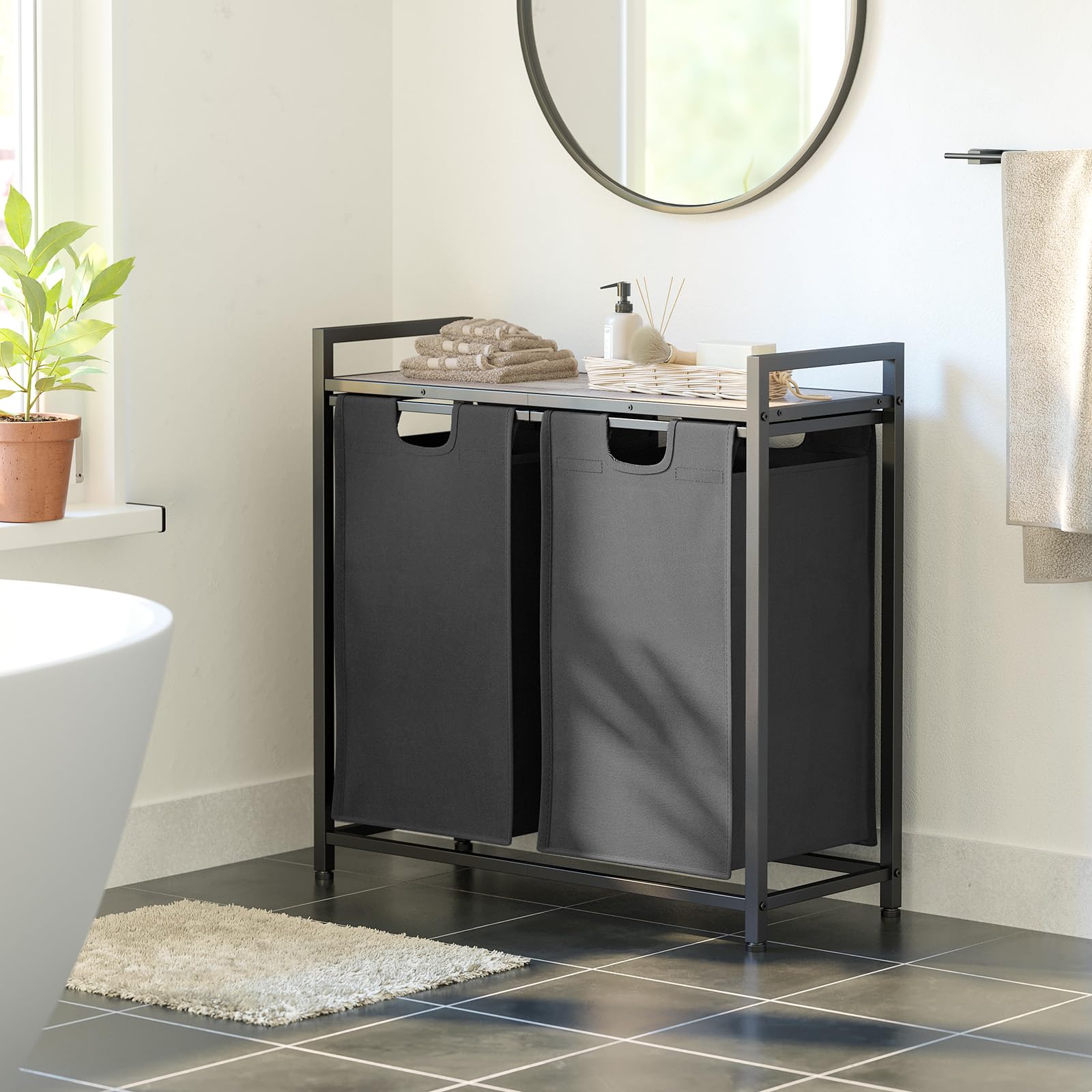 AMHANCIBLE Cesto Ropa Sucia, 2 x 38 L, Cesto de Ropa Sucia, con 2 Clasificaciones, Cesta Colada con Estante y Bolsas Extraíbles, para Lavandería, Dormitorio, Baño, Gris, EHLS02GY