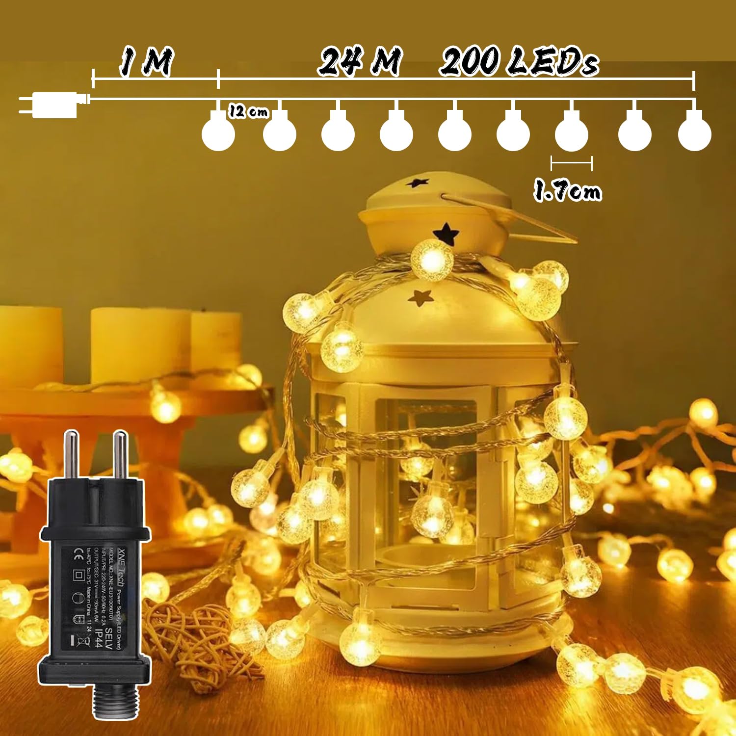 Gresonic Catena luminosa a LED da 100/200/300/400, alimentata a corrente elettrica con spina, per interni ed esterni, per matrimoni, Natale, feste, bianco caldo (cavo verde, 300 LED