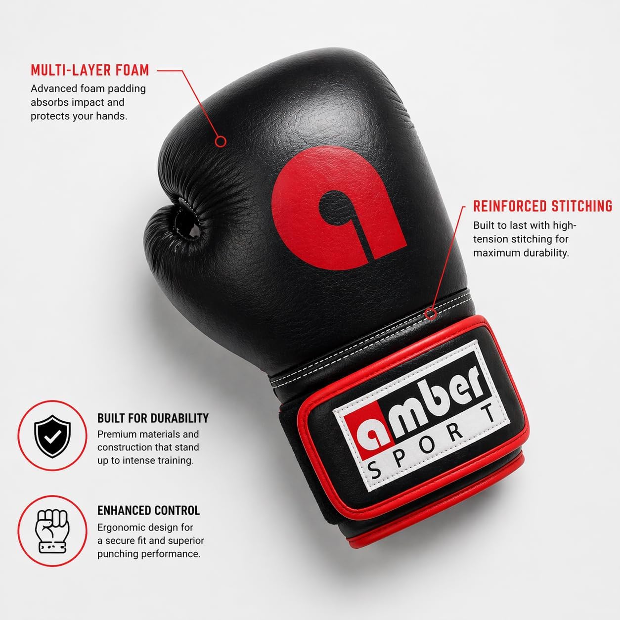 Amber Fight Gear Professional Leather Boxing Gloves – Hook & Loop Training Gloves for Muay Thai, Kickboxing & Sparring – Multi-Layered Foam Protection – Sizes 8oz to 18oz – Black