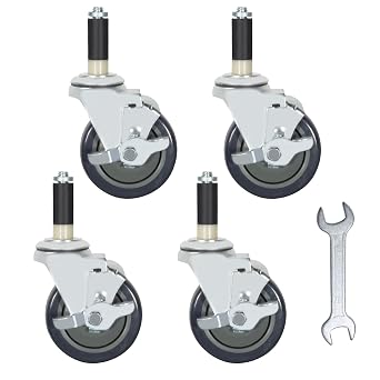 Prep Table Wheels, Expanding Casters Stem Casters with Brake - Fits 7/8", 1", 1-1/2" & 1-5/8" Tube Leg Adapter - Work Table Caster Set of 4 4 Inch, 7/8", Side Brake