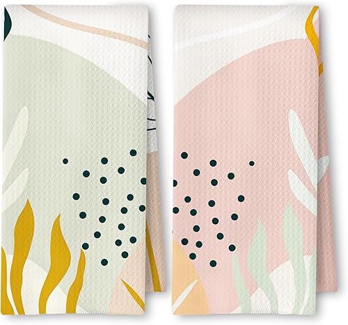 Miniatura 15 de Juego de 2 toallas de cocina florales bohemias abstractas verdes y negras, toallas de té/platos botánicas retro groovy de los años 70 para Verde y