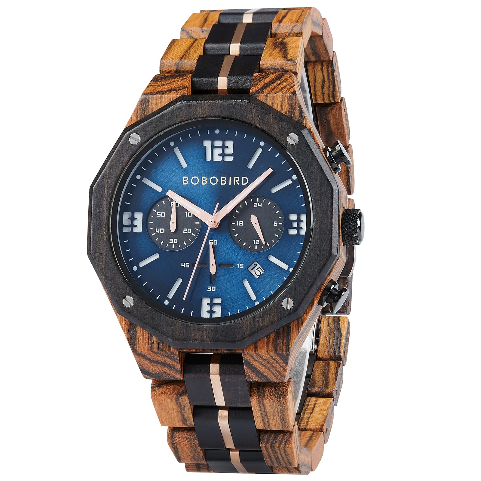 BOBO BIRD Herren Holzuhr Sport Mode Armbanduhr Casual Chronograph Quarz Uhren Männer Holz Edelstahl Armband Uhr mit Datumsanzeige