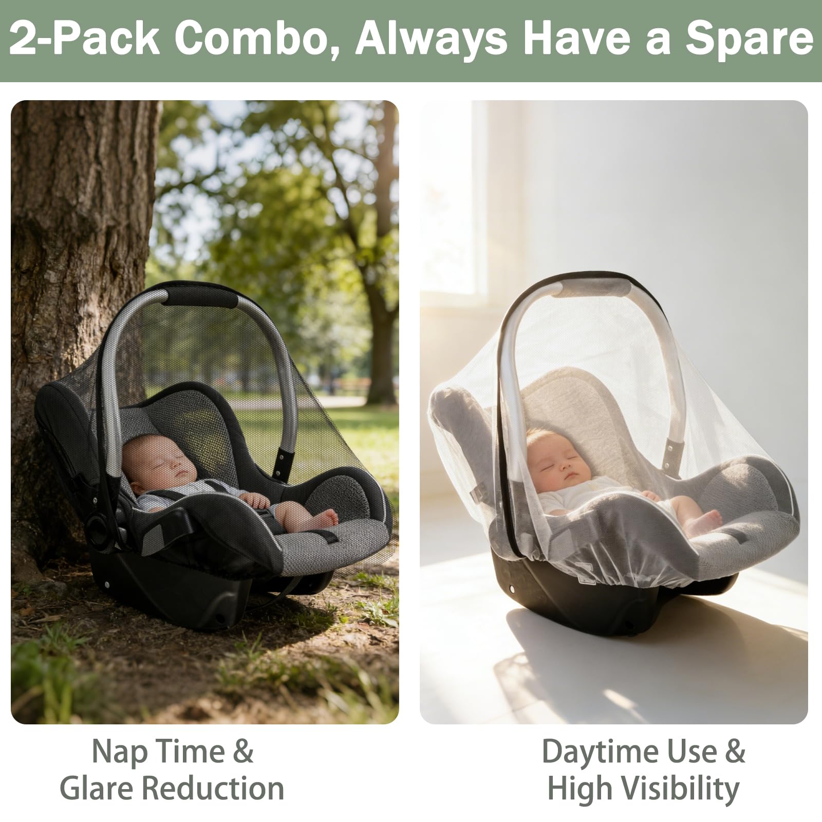 2 Pack Baby Mosquito Net for Infant Car Seats - Mosquito Net for Baby Car Seats, Stroller, Bassinet, Carrier - Breathable Elastic Netting Easy Fitting - Durable Long Lasting Shield (White + Black) - 3