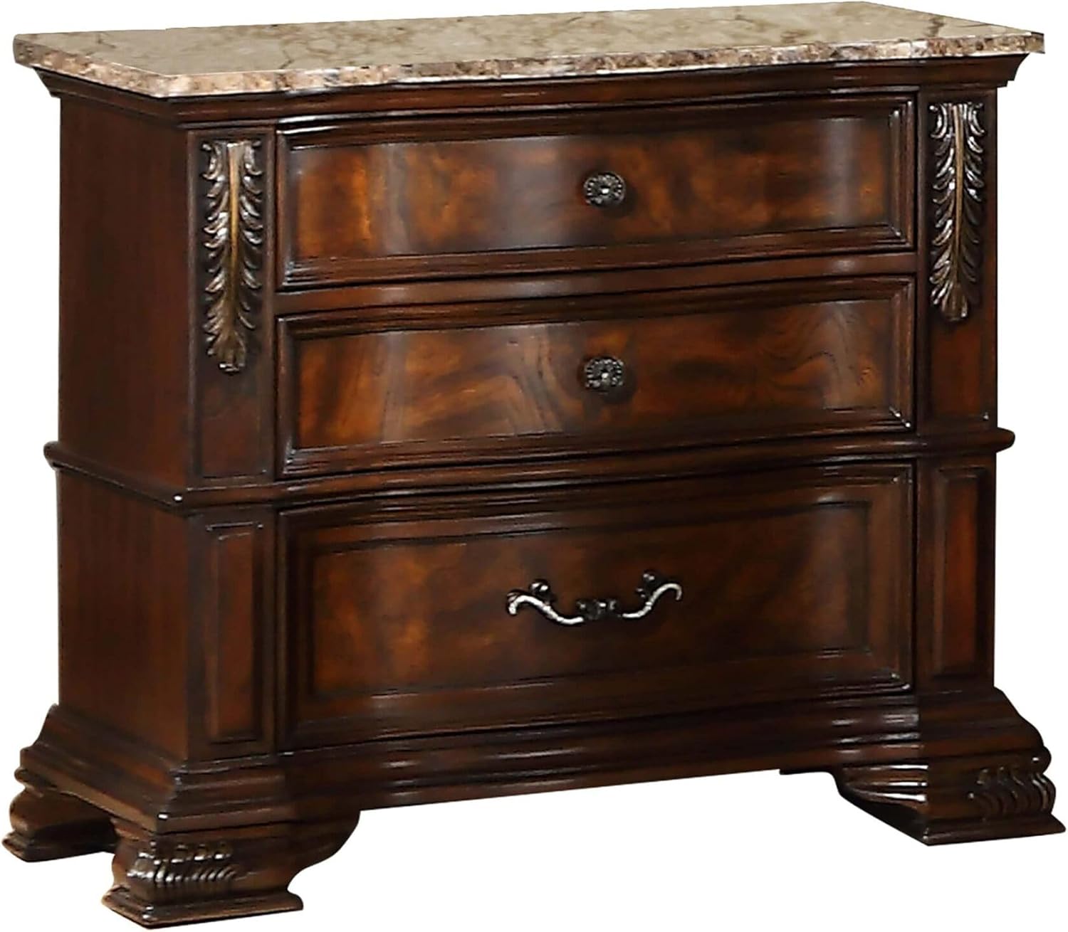 First of a Kind Cosmos Furniture Santa Monica Nightstand - Elegant Cherry Wooden Bedside Table with Intricate Carvings, 3 Drawers, Marble Top - 32 x 19 x 30 Inches, 106lbs