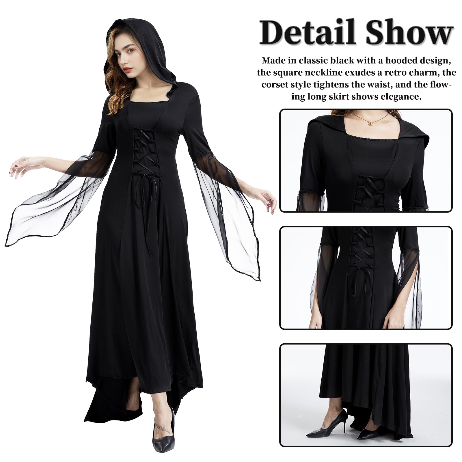 Damen Mittelalter Kleid,Gothic Schnürkleid,Renaissance Vintage Party Cosplay Mittelalter Kleidung(A, M)