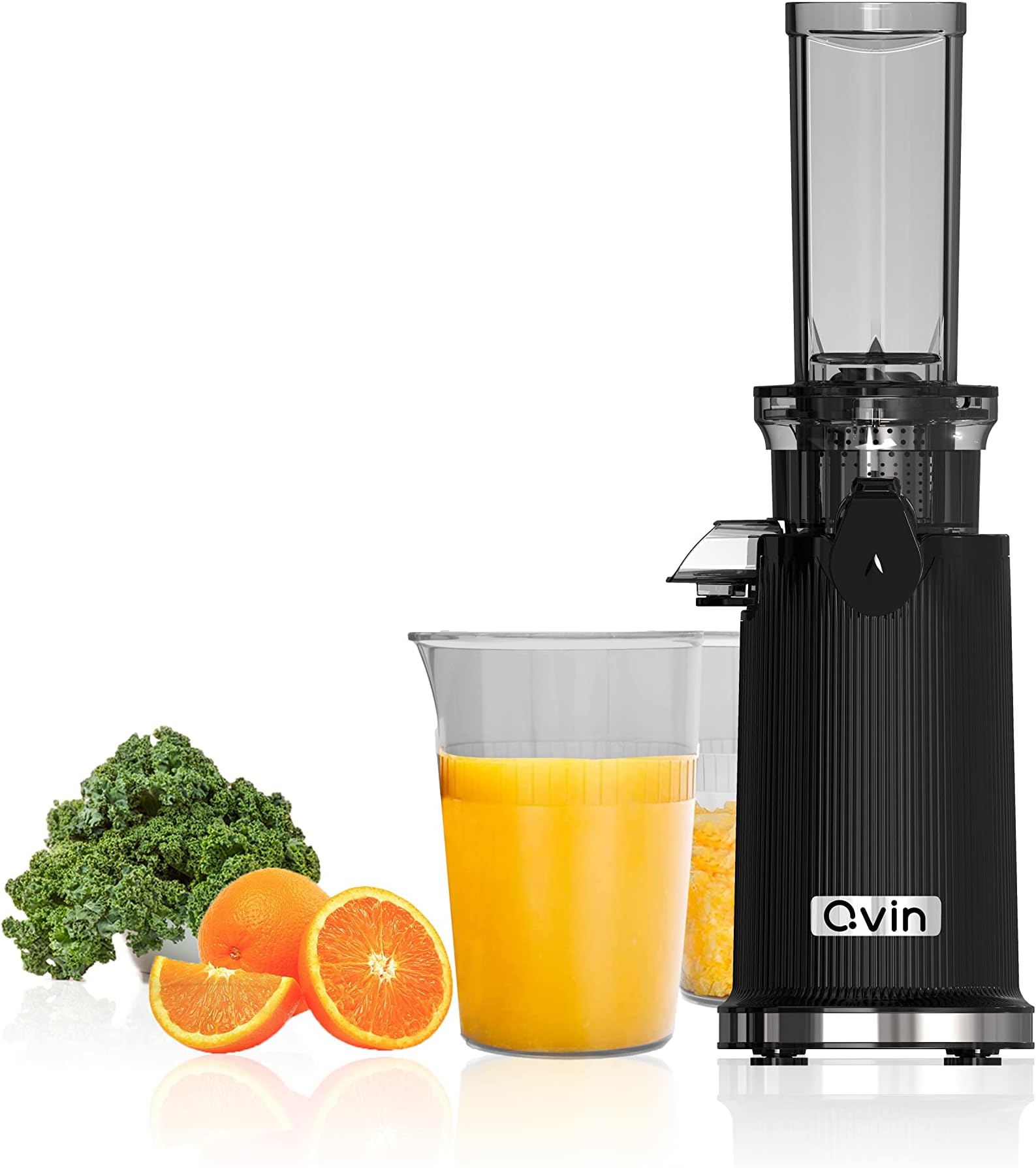 Qvin Cold Press Juicer Machine, Masticating Slow Juicer For Vegetable and Fruit, Easy to Clean, Compact Design, Mini Size, 14 Oz Juice Cup, Pulp Cup -Black with stainless steel
