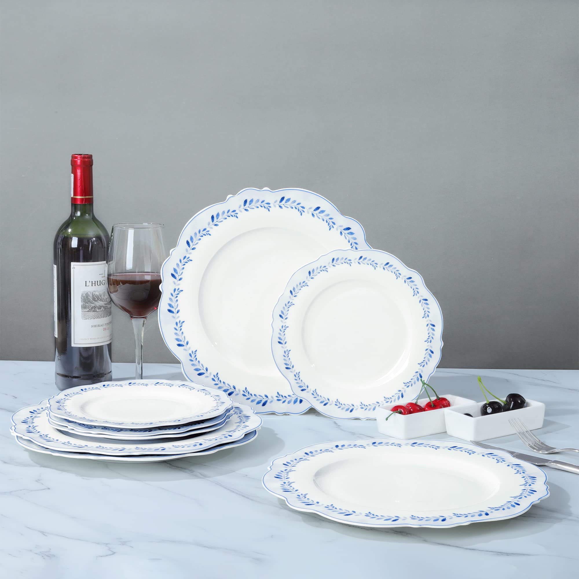 fanquare 4 Pièces Assiette Dessert Assiette Plates 21 cm, Motif Feuilles Bleues Assiette à Gâteau Porcelaine Passe au Micro-ondes & Lavable au Lave-vaisselle