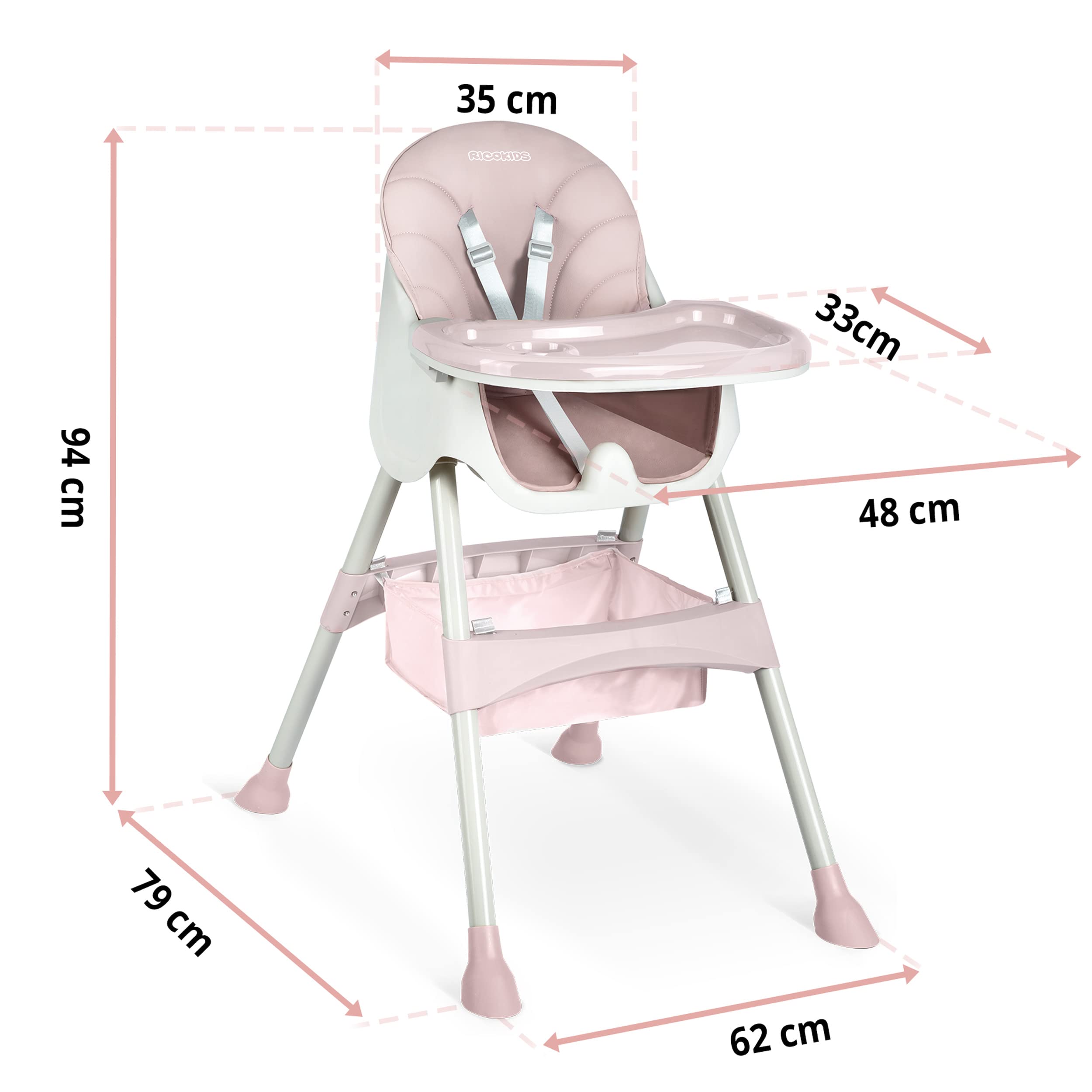 Ricokids Krzesełko do karmienia Milo dla dzieci składane tacka