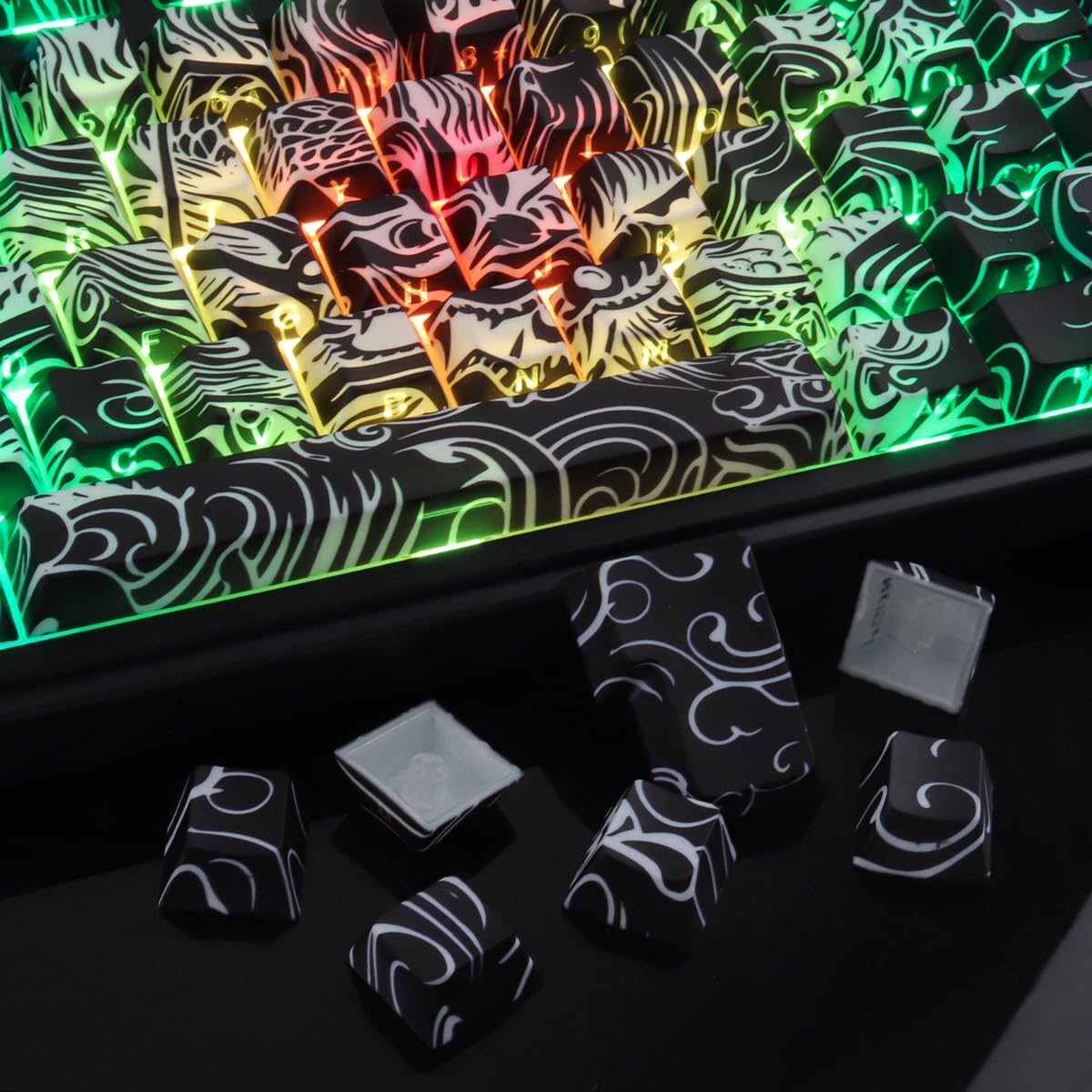 Sunzit PBT Keycaps, 138 teclas, negro Cherry Profile Dye-Sub Keycaps, set con barra espaciadora de 6,5 U, diseño de dragón, teclas personalizadas para interruptores MX mecánicos, teclado de gaming