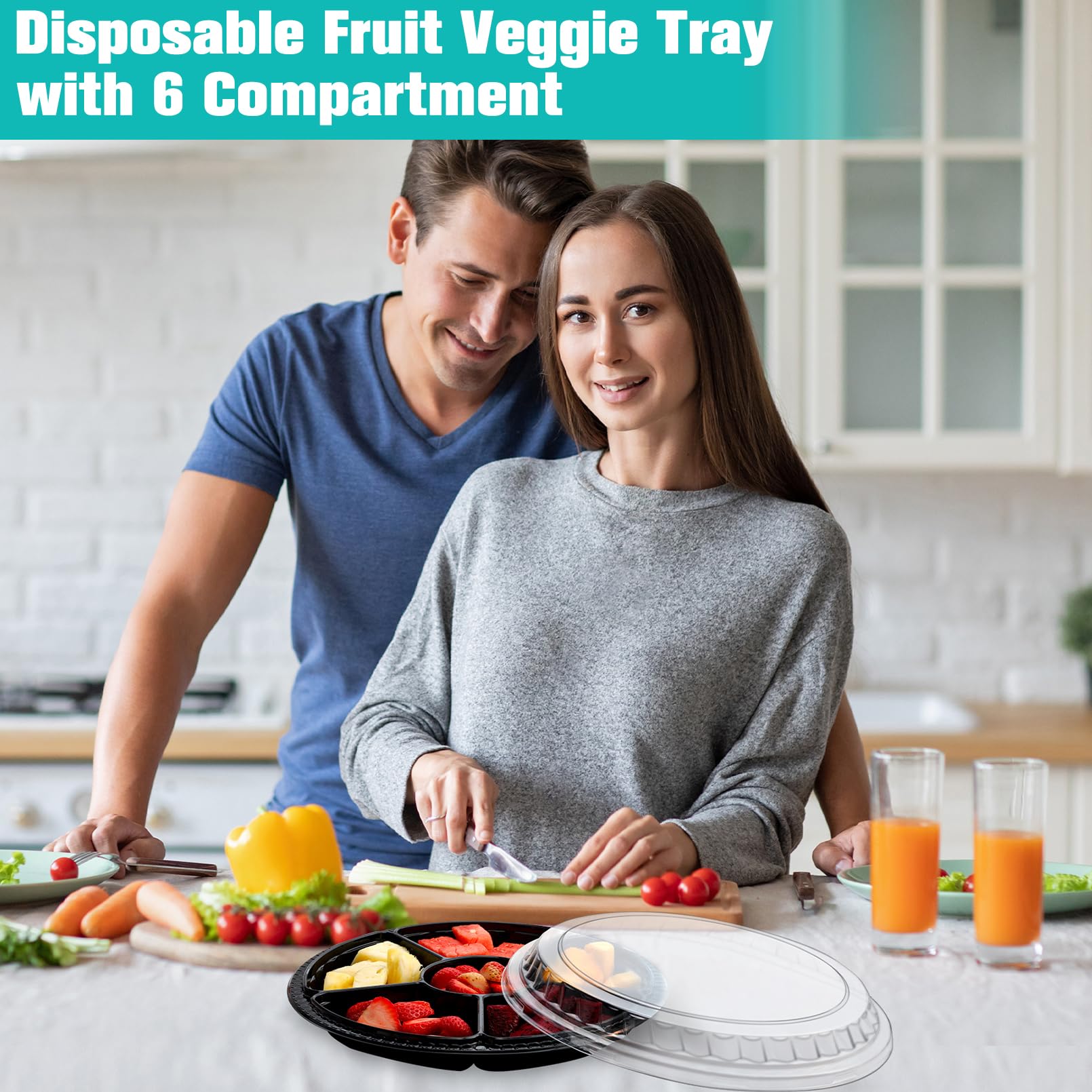 30 vassoi antipasti con coperchio, contenitore per alimenti con 6 scomparti divisi, vassoi robusti per verdure, frutta, snack rotondi, per antipasti, buffet, nero