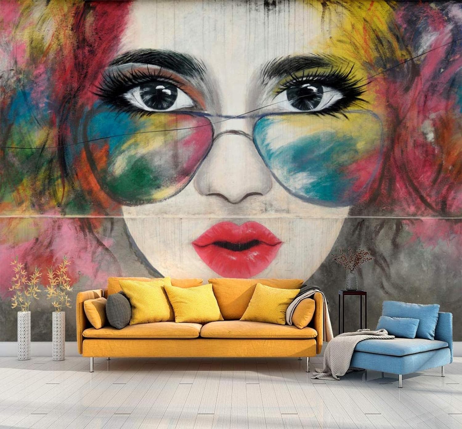 Papier Peint 3D Fille Lunettes Soleil Amovible et Repositionnable Facile
