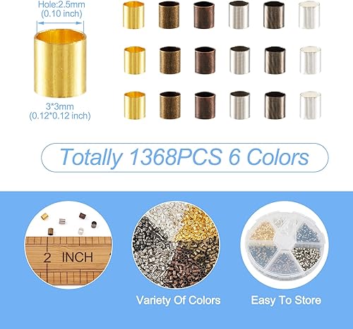 Miniatura 2 de Pandahall - 1368 cuentas de tubo de latón para engarzar, cuentas de extremo de 0.118 x 0.118 pulgadas, 6 colores separadores de tubo para hacer joyas