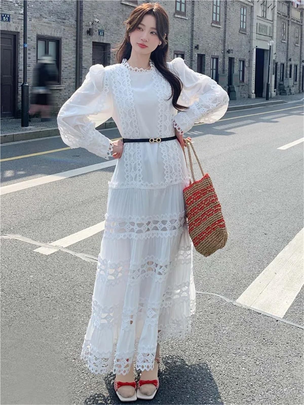 Abito da strega vintage Abito lungo con maniche a sbuffo da donna Abiti svasati patchwork di pizzo cintura Solido