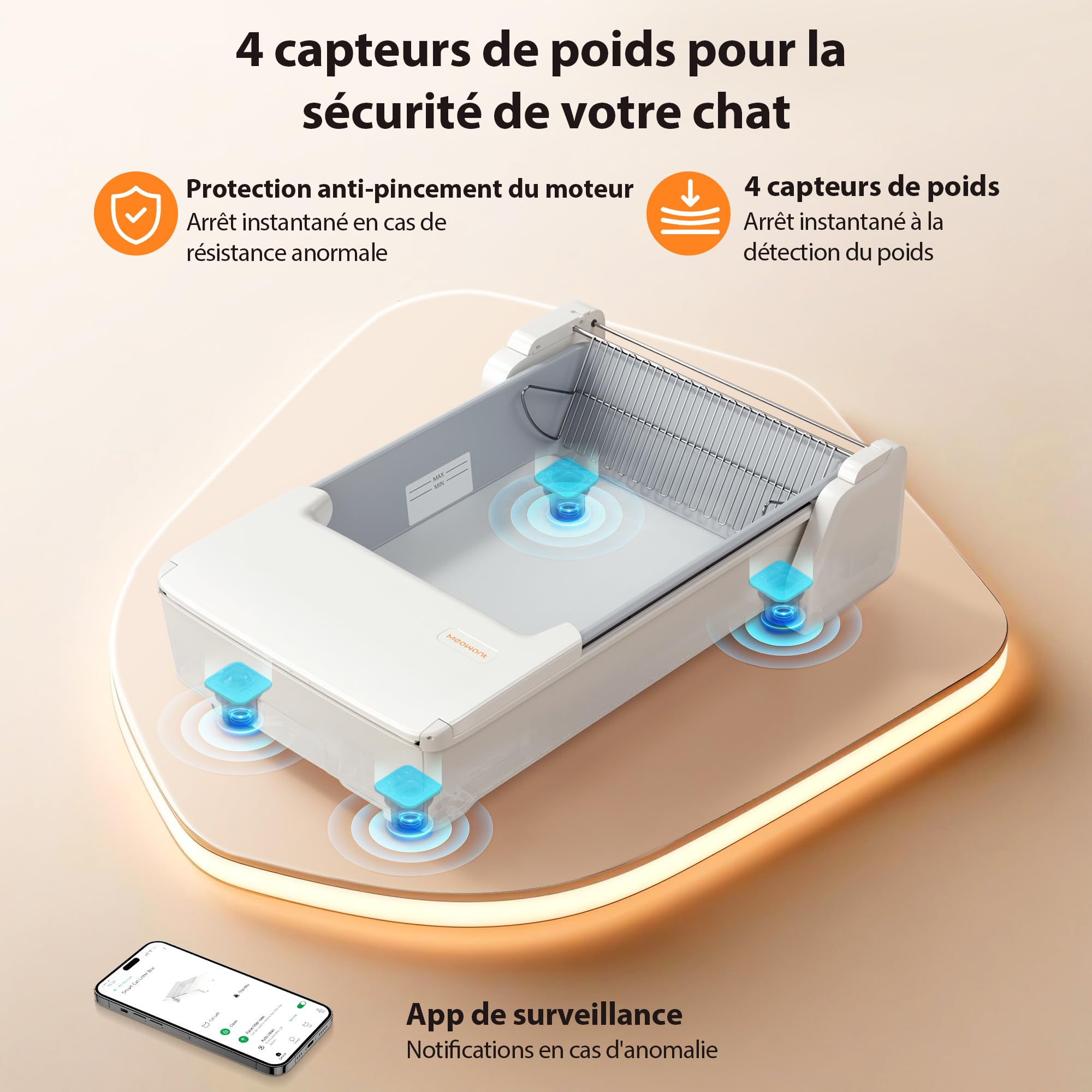 MeoWant Litiere Chat Autonettoyante, Litiere Automatique Espace Ouvert, Double Râteau/Système à Trois Moteurs Coordonnés/Anti-pincement/Ultra Sûr/Contrôlé par APP/Désodorisant
