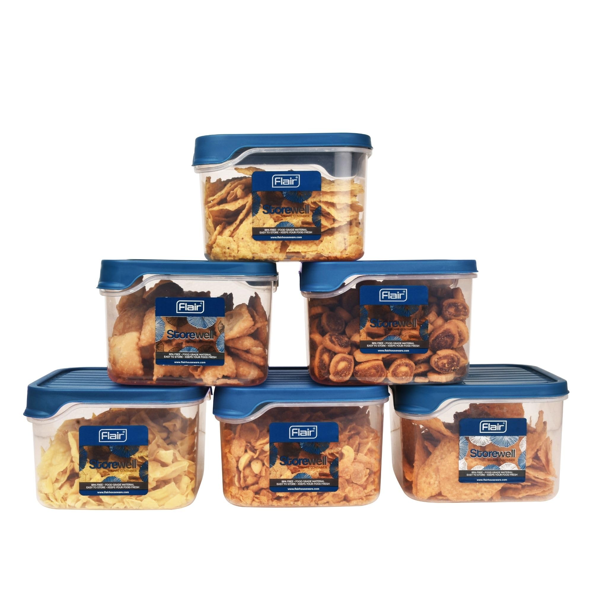 FLAIR Storewell Square Plastic Food Storage Container Set, Airtight Kitchen Containers for Rice, Atta & Grains, BPA-Free, Food Grade Storage Boxes (Blue, Set of 6 (1.15L))