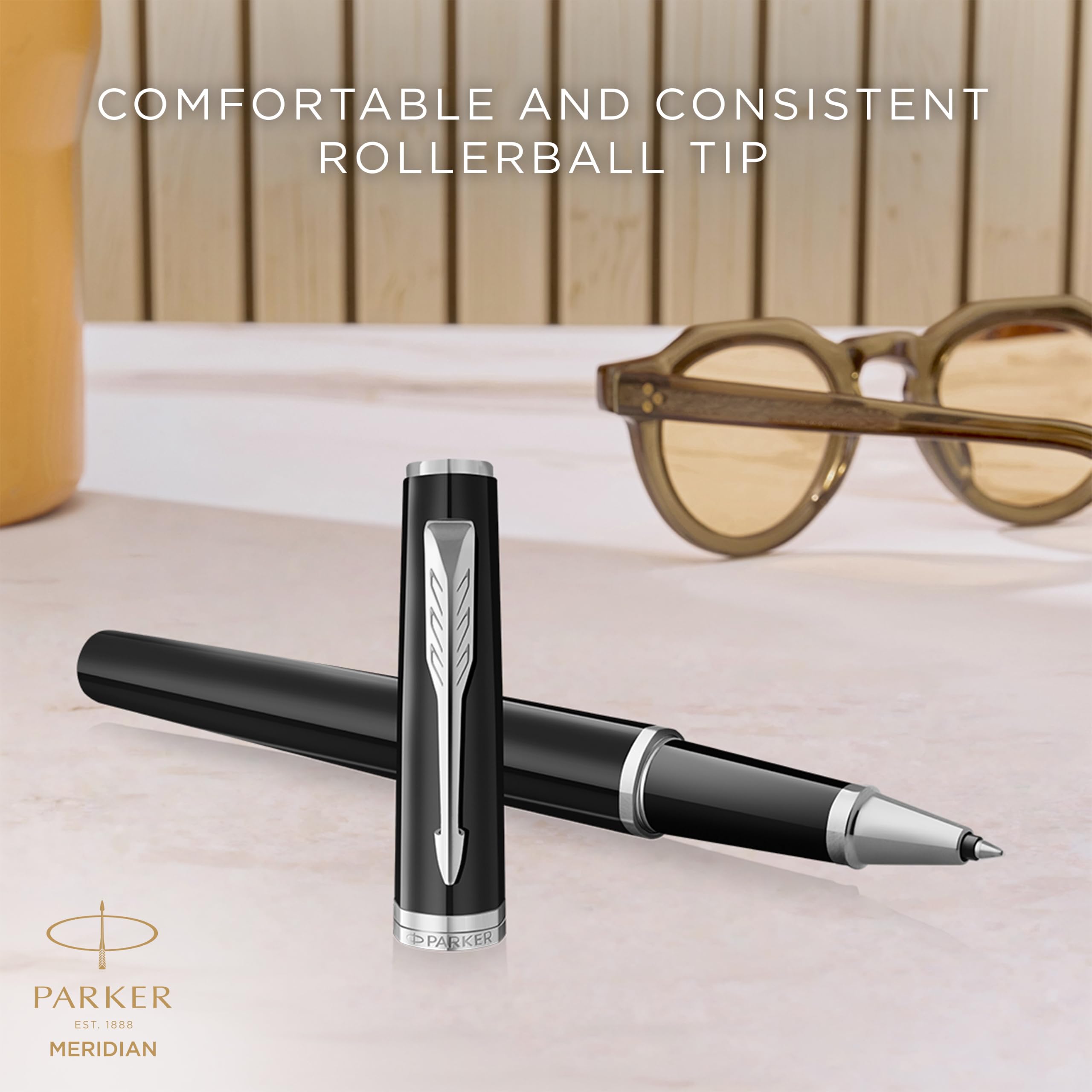 PARKER Meridian Tintenroller | Schwarzer Lack mit Chromverzierungen | Feine Spitze | Schönschreibfüller & Journaling Zubehör | Schwarze Tinte | Luxus-Geschenkbox