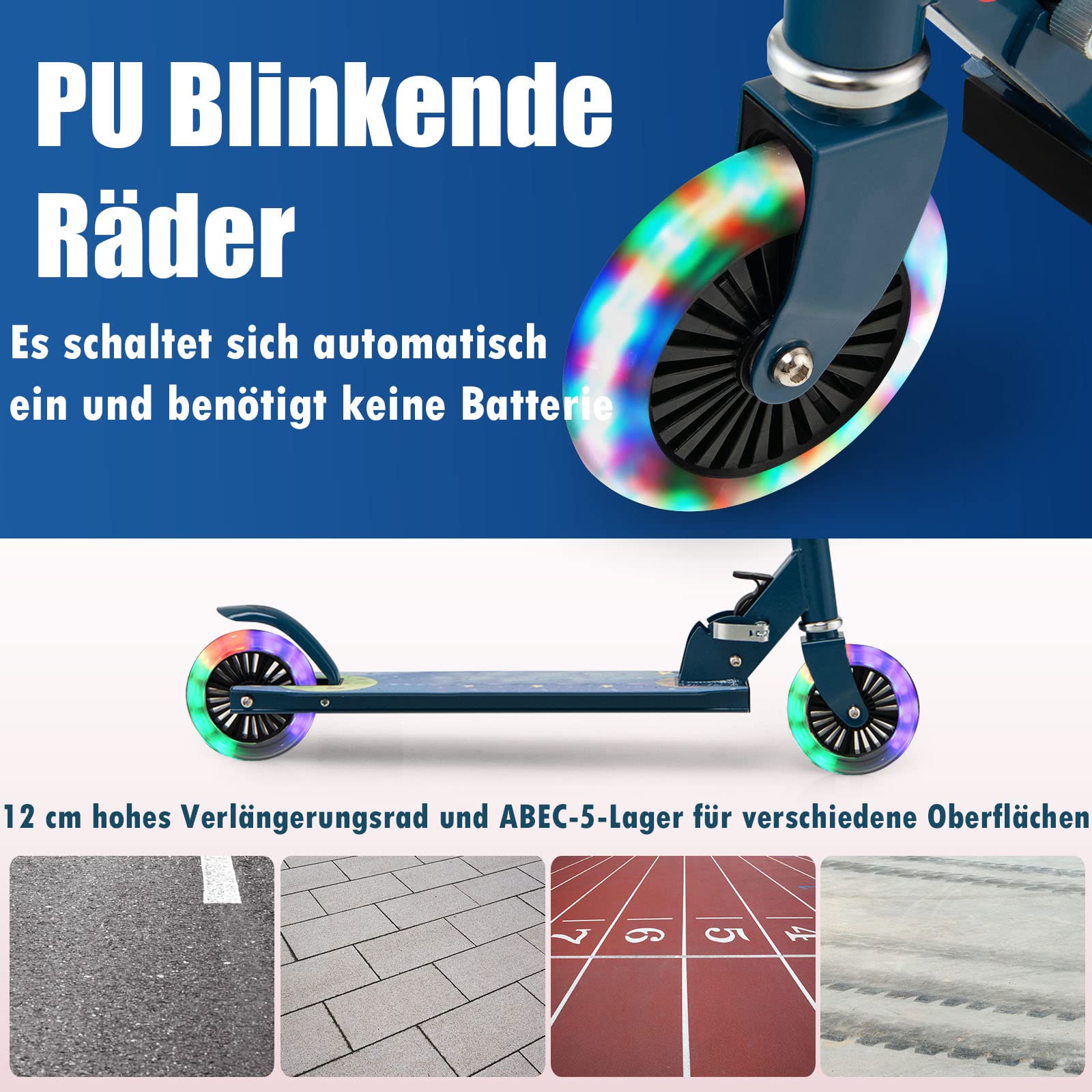 GOPLUS Roller Kinder 3 Jahre, 3-Stufig höhenverstellbarer Kinderroller, Kinder Scooter mit LED Rädern & Hinterradbremse, klappbarer Kickscooter mit/ohne Tragegurt & Ständer, Leichter Aluminium-Roller