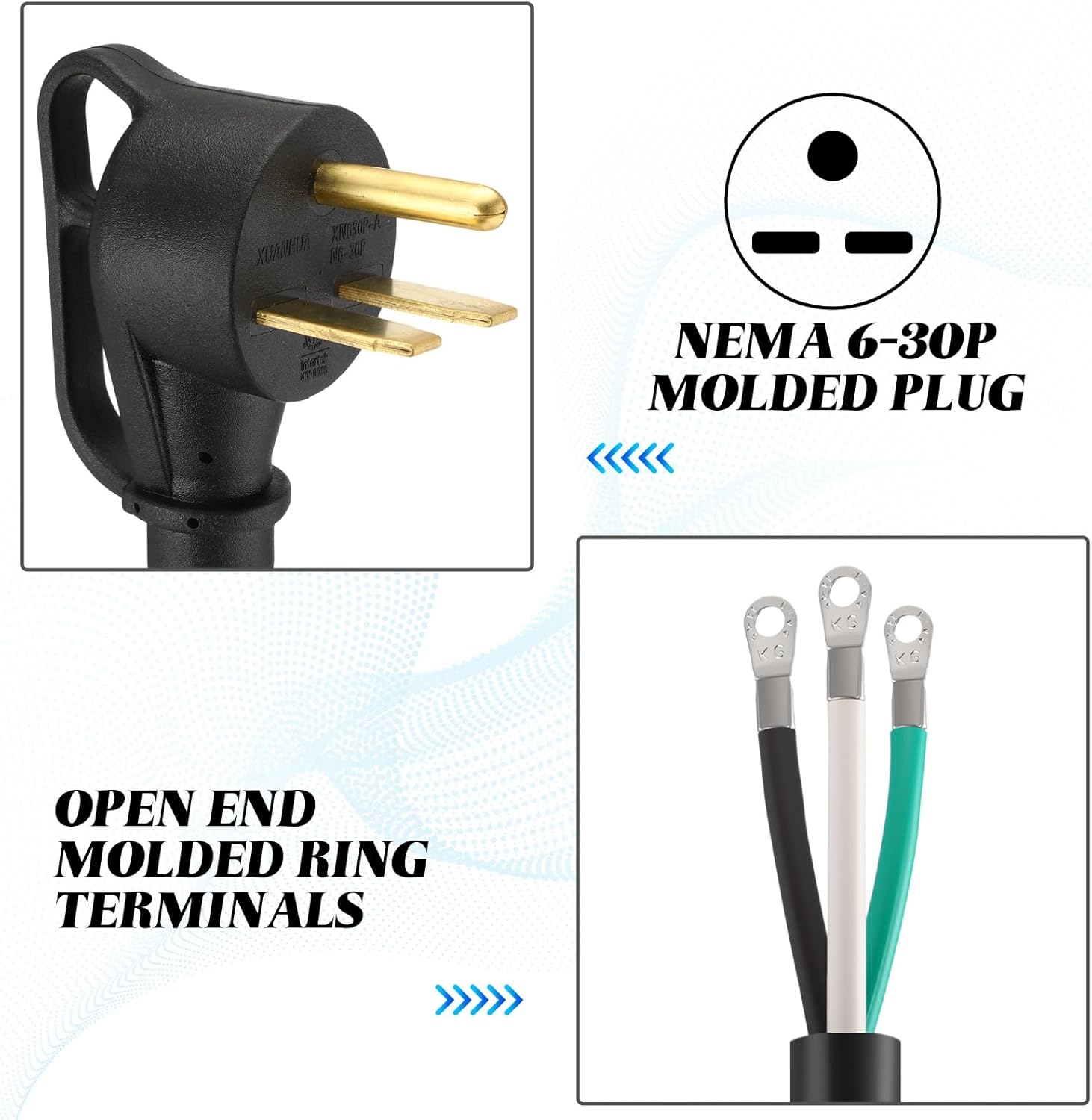 Kanayu 10 FT 10AWG Compatible with NEMA 6-30P Replacement Power Cord, 3 Prong 30 Amp 250V Open End Wire Extension Cable for Welder Dryer Generator Electric Garage Heater, ETL Listed