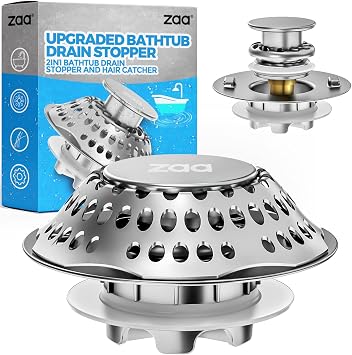 zaa Bathtub Drain Stopper, Upgraded 2in1 Tub Stopper Bathtub Drain Cover and Hair Catcher, Pop Up Bathtub Drain Plug, Replaces Lift & Turn, Tip-Toe or Trip Lever, for 1.46-2" W Drain Hole, Silver