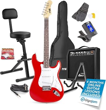 MAX Beginner Electric Guitar Kit - Red, 40W Amplifier, Folding Guitar Stool, Stand & Accessories, Complete Starter Pack for New Musicians & Student Guitarists
