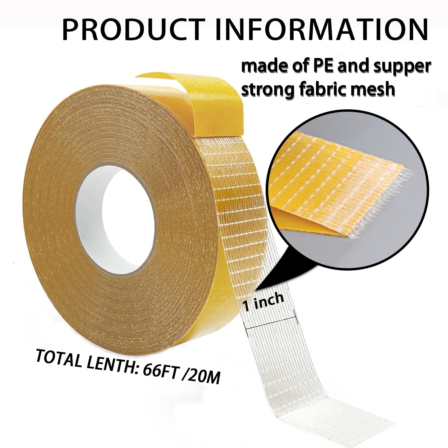 WENSSKKU Extra Strong Double Sided Fabric Tape Heavy Duty for Clothes,Double Stick Fabric Tape for Carpet/Clothing 1inch x 66FT(20m) High Stickness Strong 2 Sided Tape (Pack of 2)