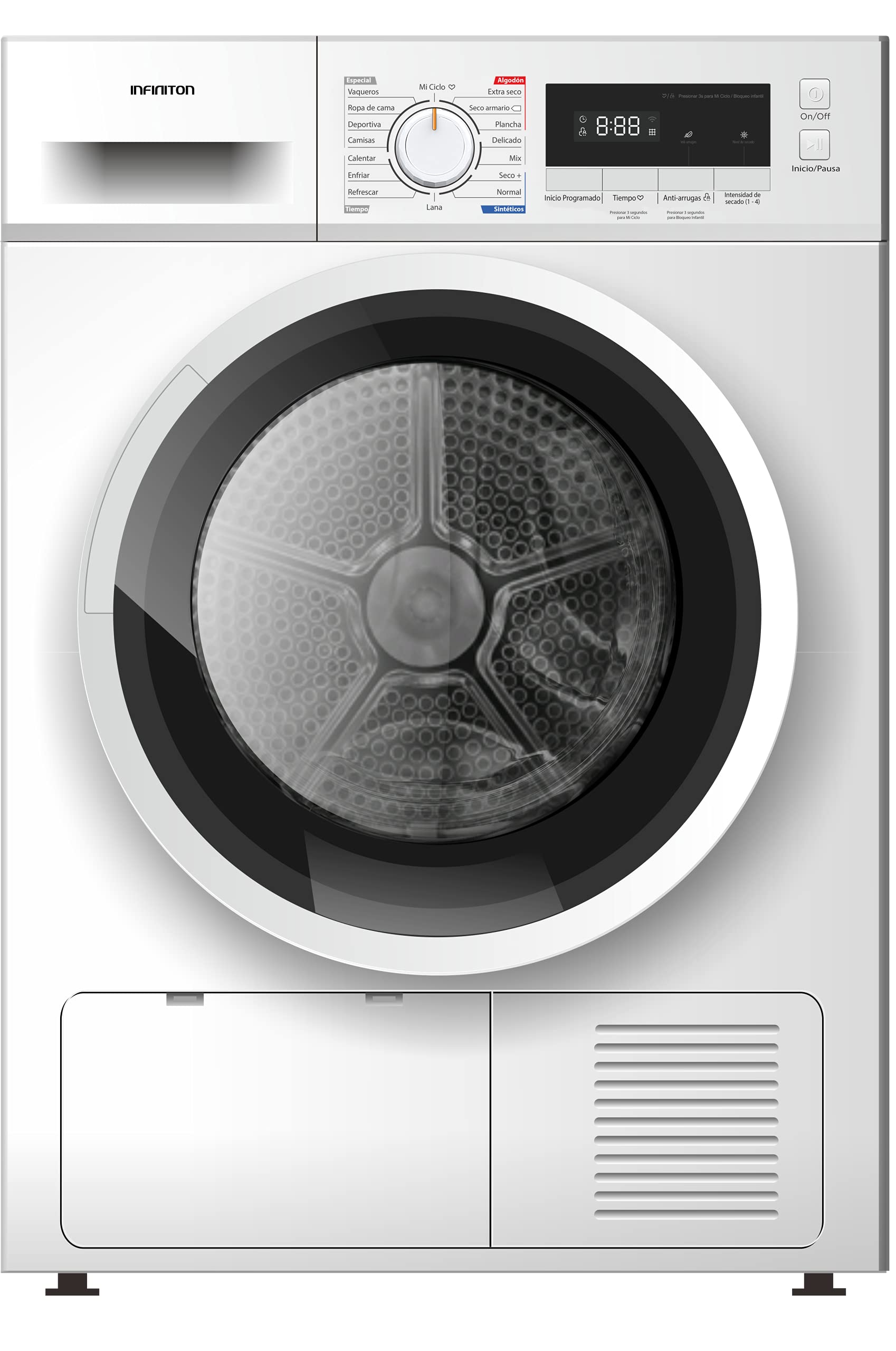 INFINITON | Secadora de Condensación SD-A821 | Enfriamiento Anti-arrugas | Display LED | Capacidad 8 Kg | 16 Programas | Clase Energética B | Color Blanco |