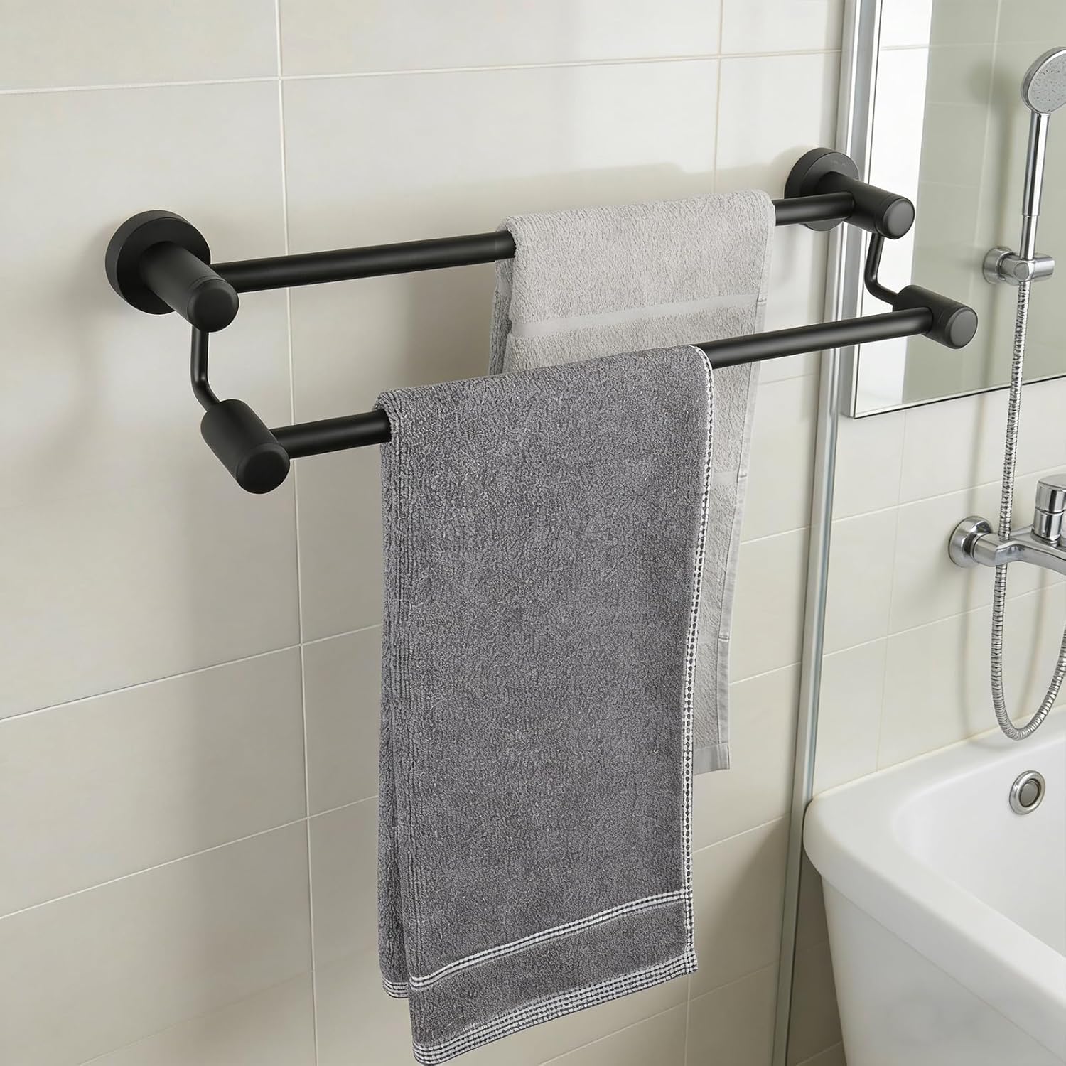 TocTen Double Bath Towel Bar - Thicken SUS304 Stainless Steel Towel Rack for Bathroom, Bathroom Accessories Double Towel Rod Heavy Duty Wall Mounted Towel Holder (Black,24IN)