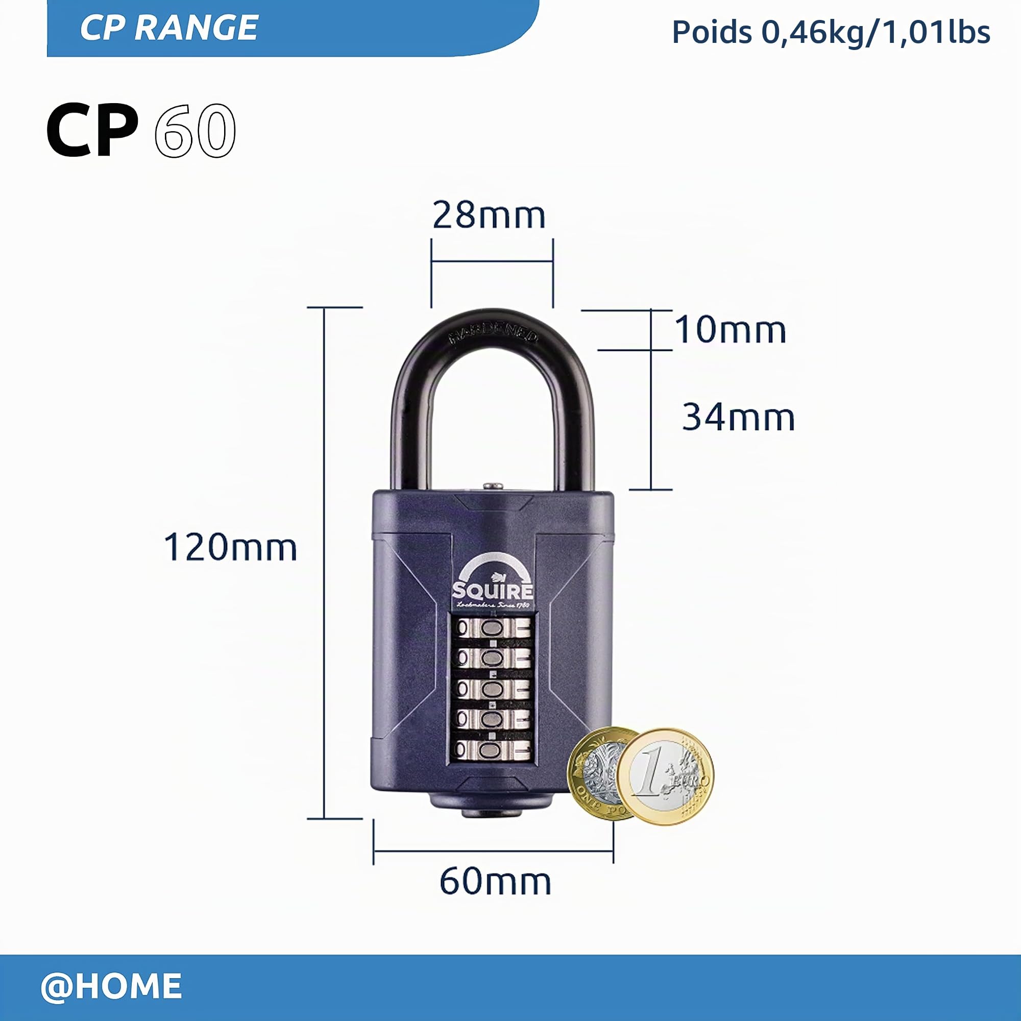 Cadenas Squire robuste (CP60) - Anse en acier la plus résistante - Cadenas à combinaison à 5 viroles - Acier allié anticorrosif - Cadenas étanche pour maison, école et garage (Bleu, 60 mm)